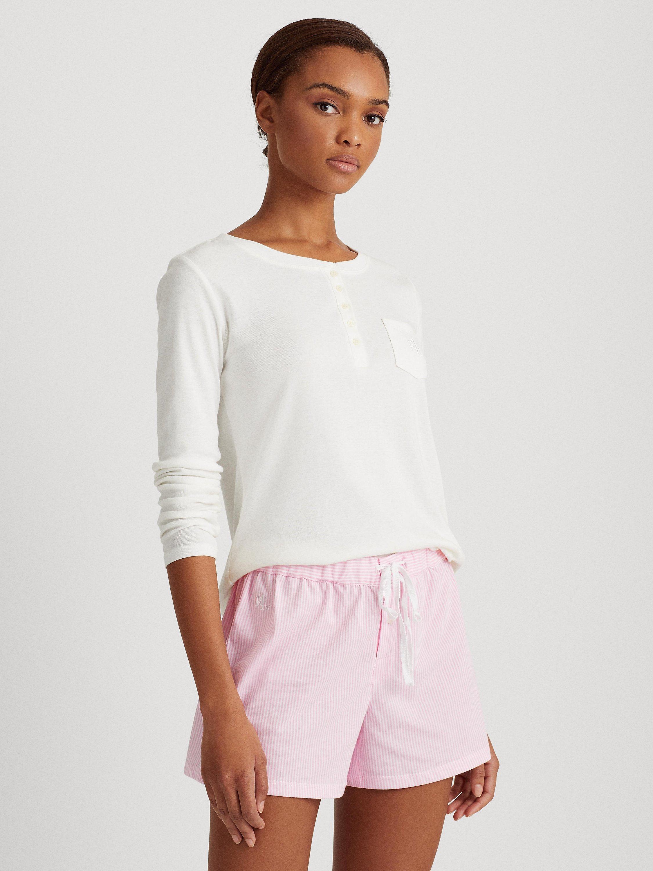 Product image 1 of 4, which shows Lauren Ralph Lauren Core Stripe Cotton Pyjama Boxer Shorts, Pink, XS