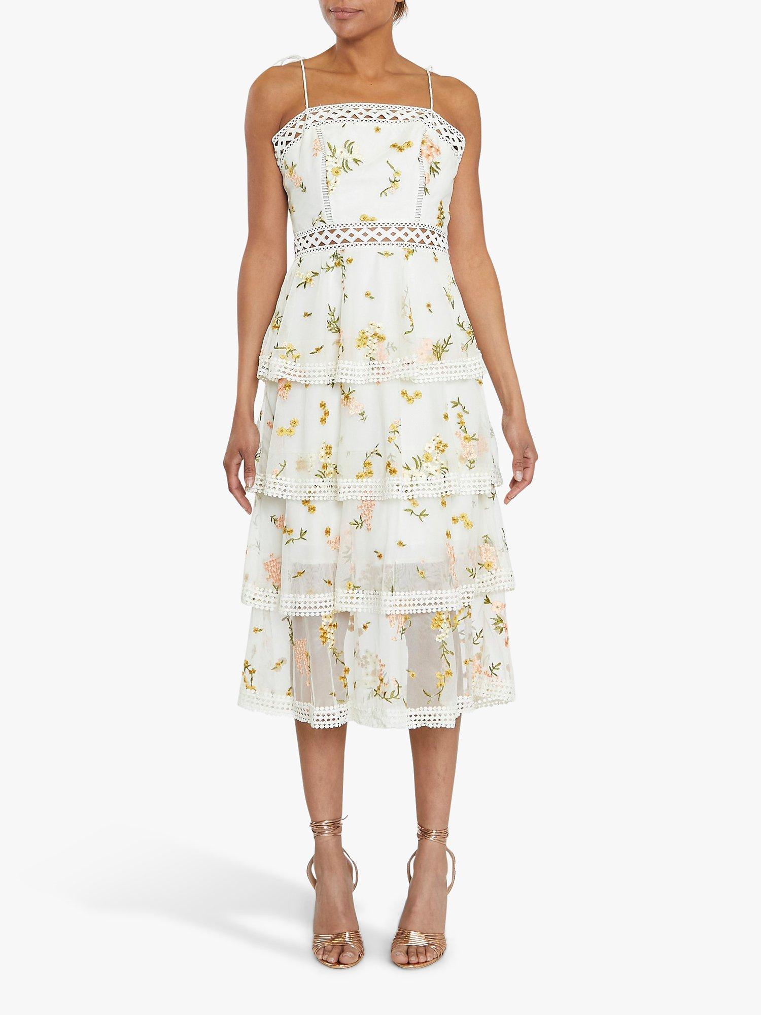True Decadence Embroidery Strappy Tiered Midi Dress, White