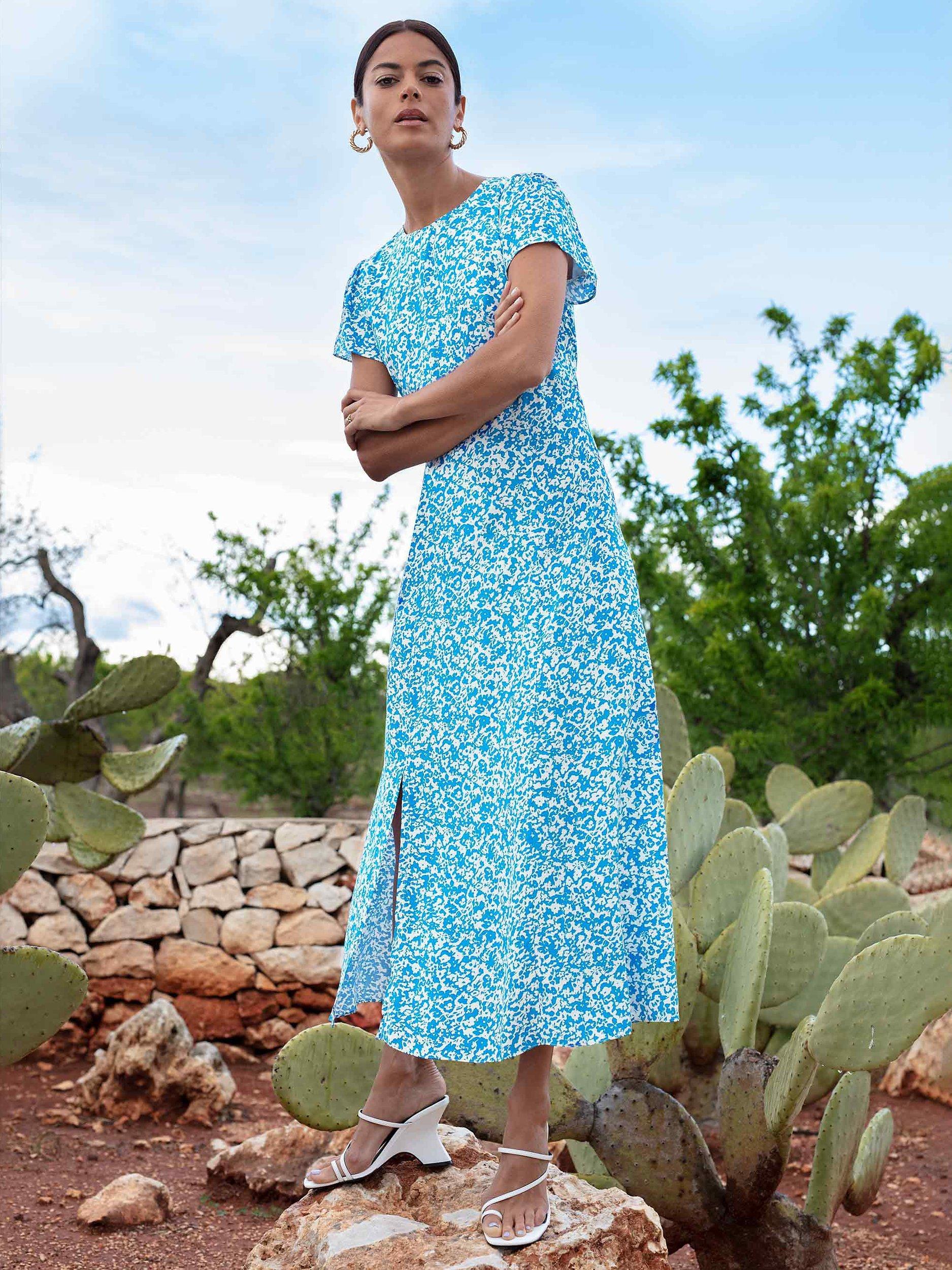 Ro&Zo Ditsy Floral Midi Dress, Blue/White
