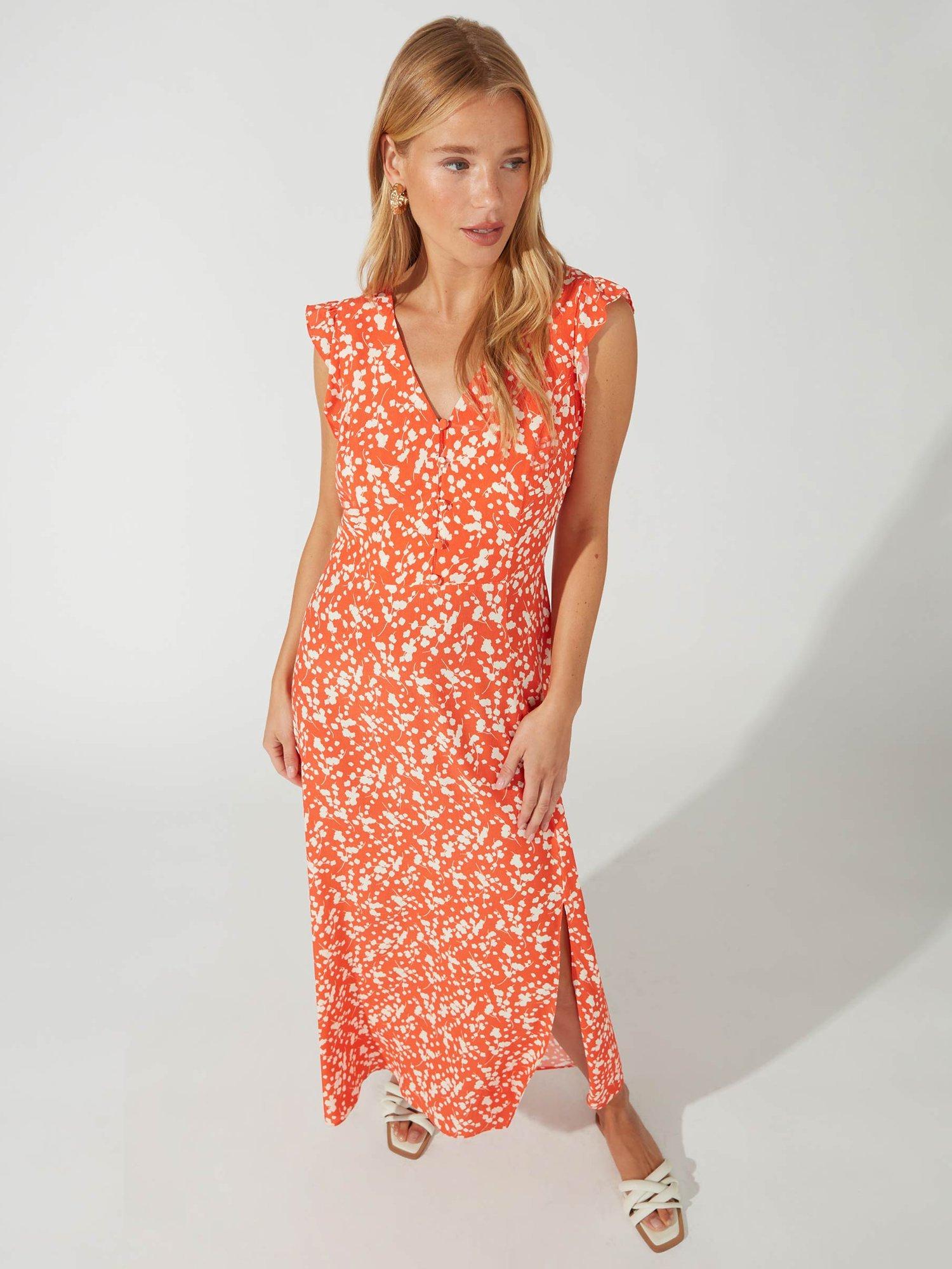 Ro&Zo Petite Ditsy Frill Sleeve Midi Dress, Red/Multi