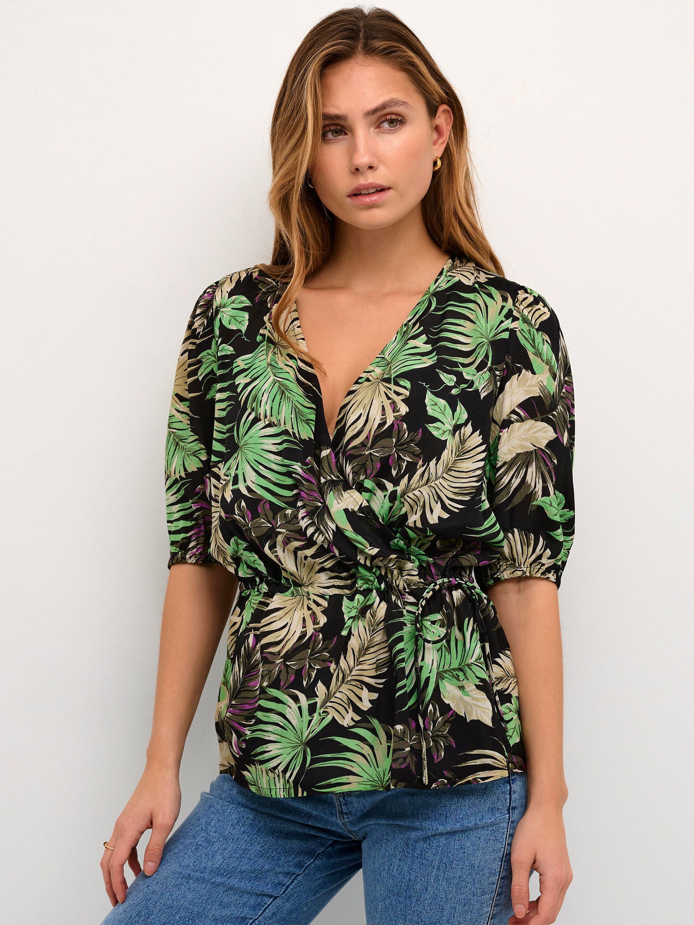 KAFFE Lulu V-Neck Wrap Blouse, Green/Multi