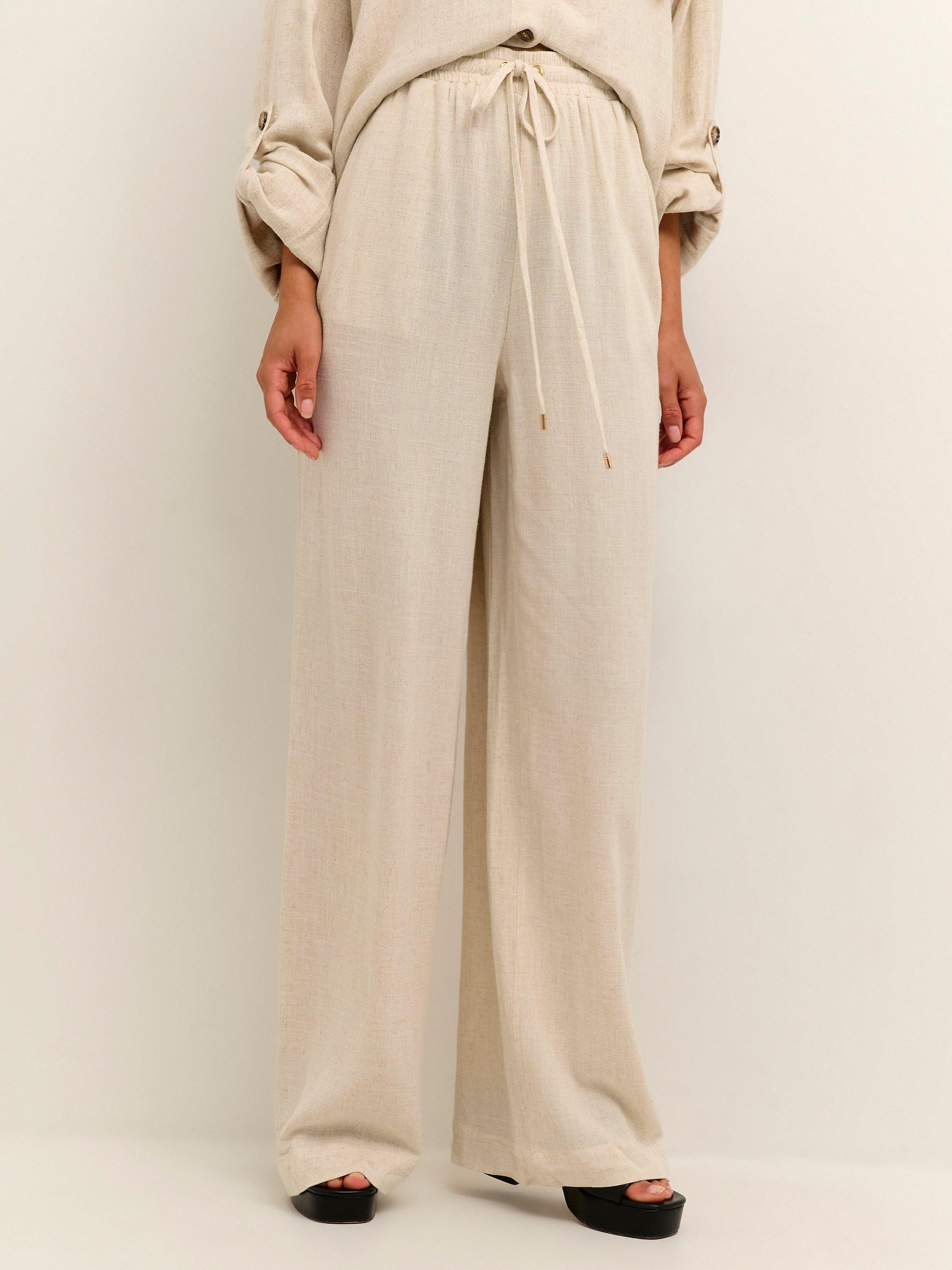 Product image 1 of 5, which shows KAFFE Liny Wide Linen Blend Trousers, Light Sand, 8