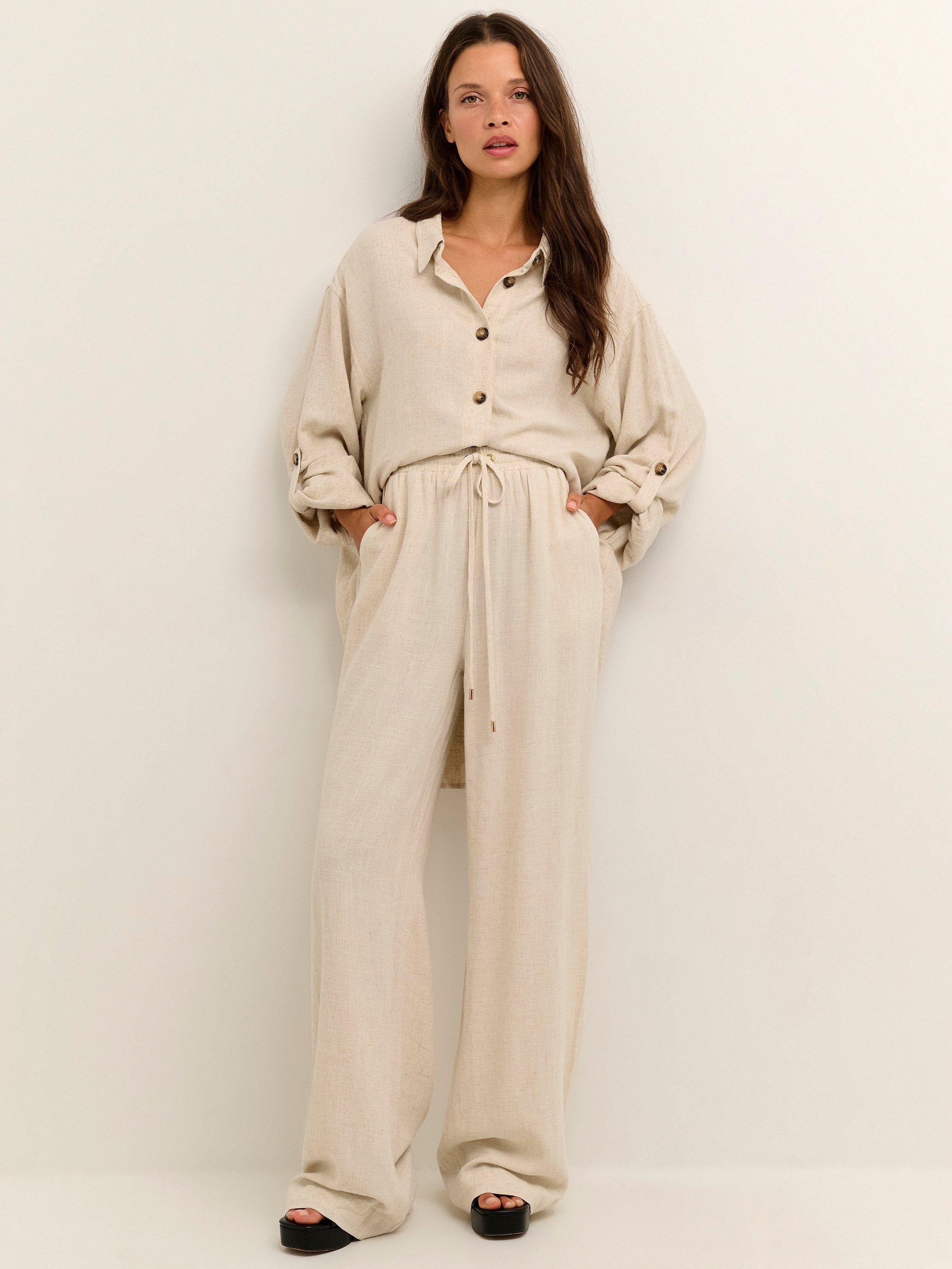 Product image 2 of 5, which shows KAFFE Liny Wide Linen Blend Trousers, Light Sand, 8