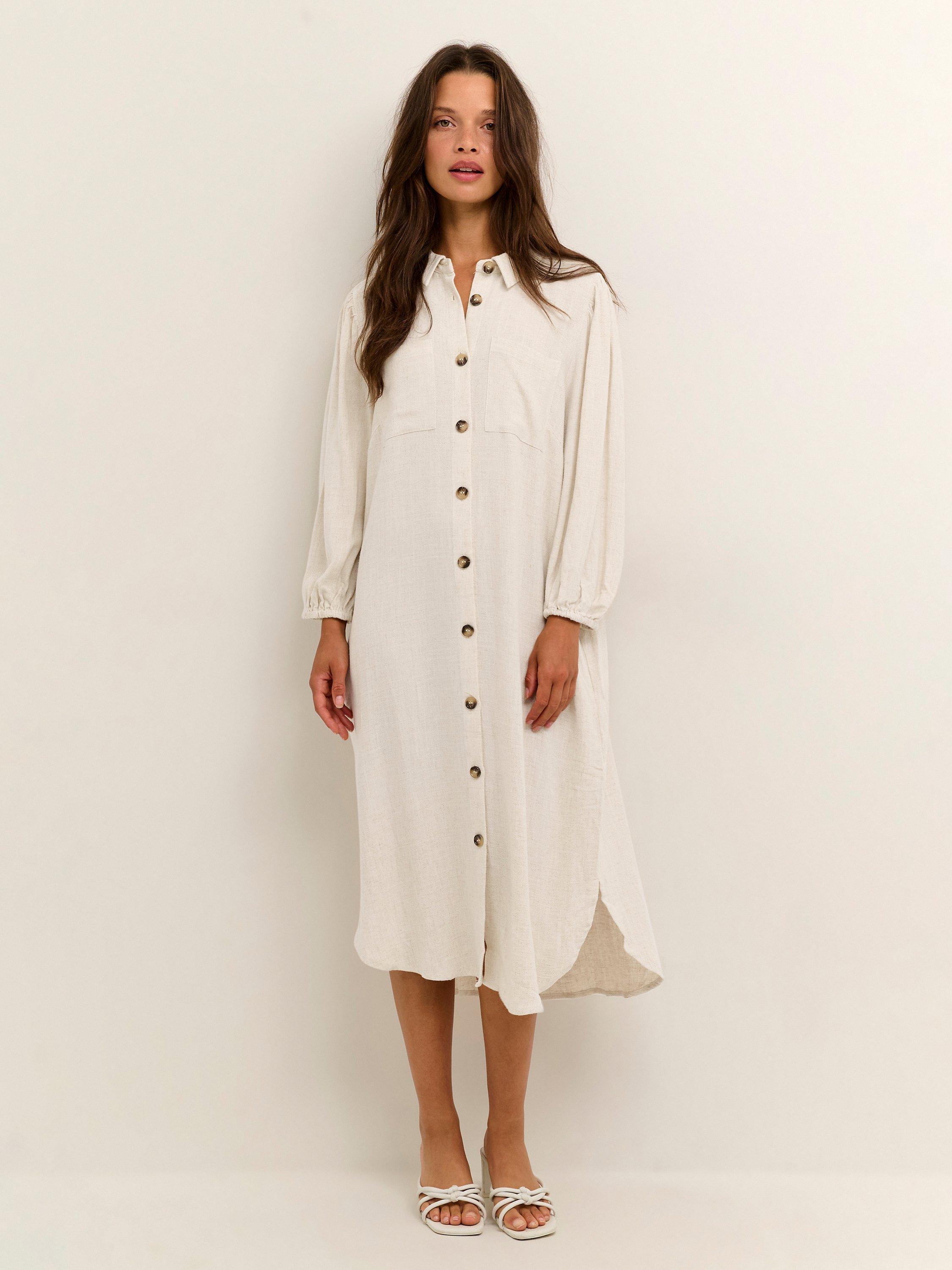 KAFFE Liny Linen Blend Long Sleeved Midi Shirt Dress, Light Sand