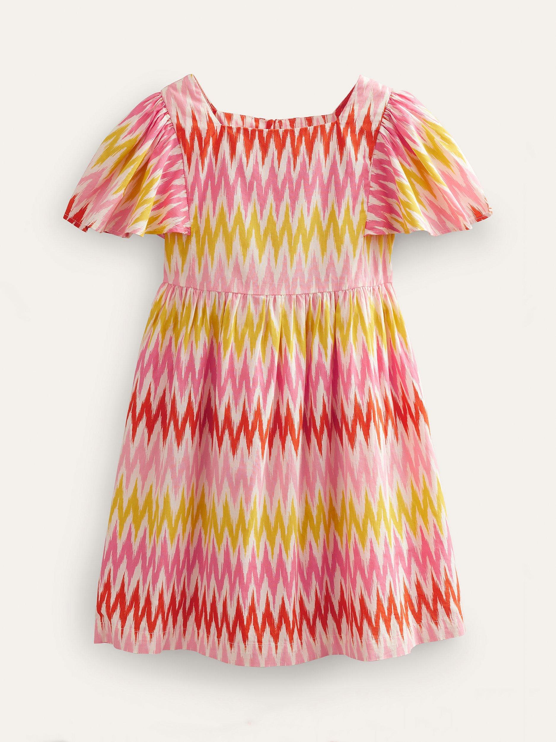 Mini Boden Kids' Chevron Stripe Printed Woven Dress, Peach Sorbet
