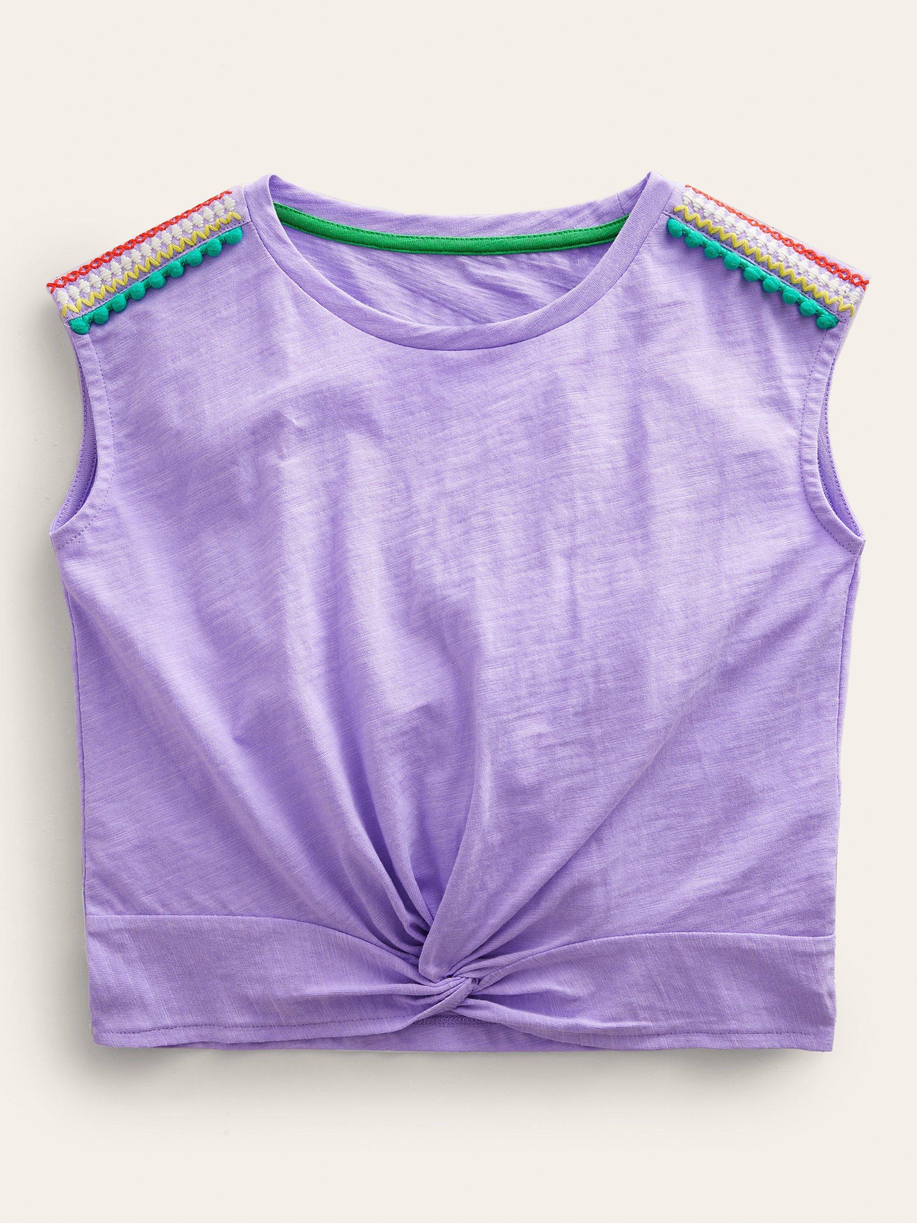 Mini Boden Kids' Gathered Front Embroidered T-Shirt, Lavender Purple