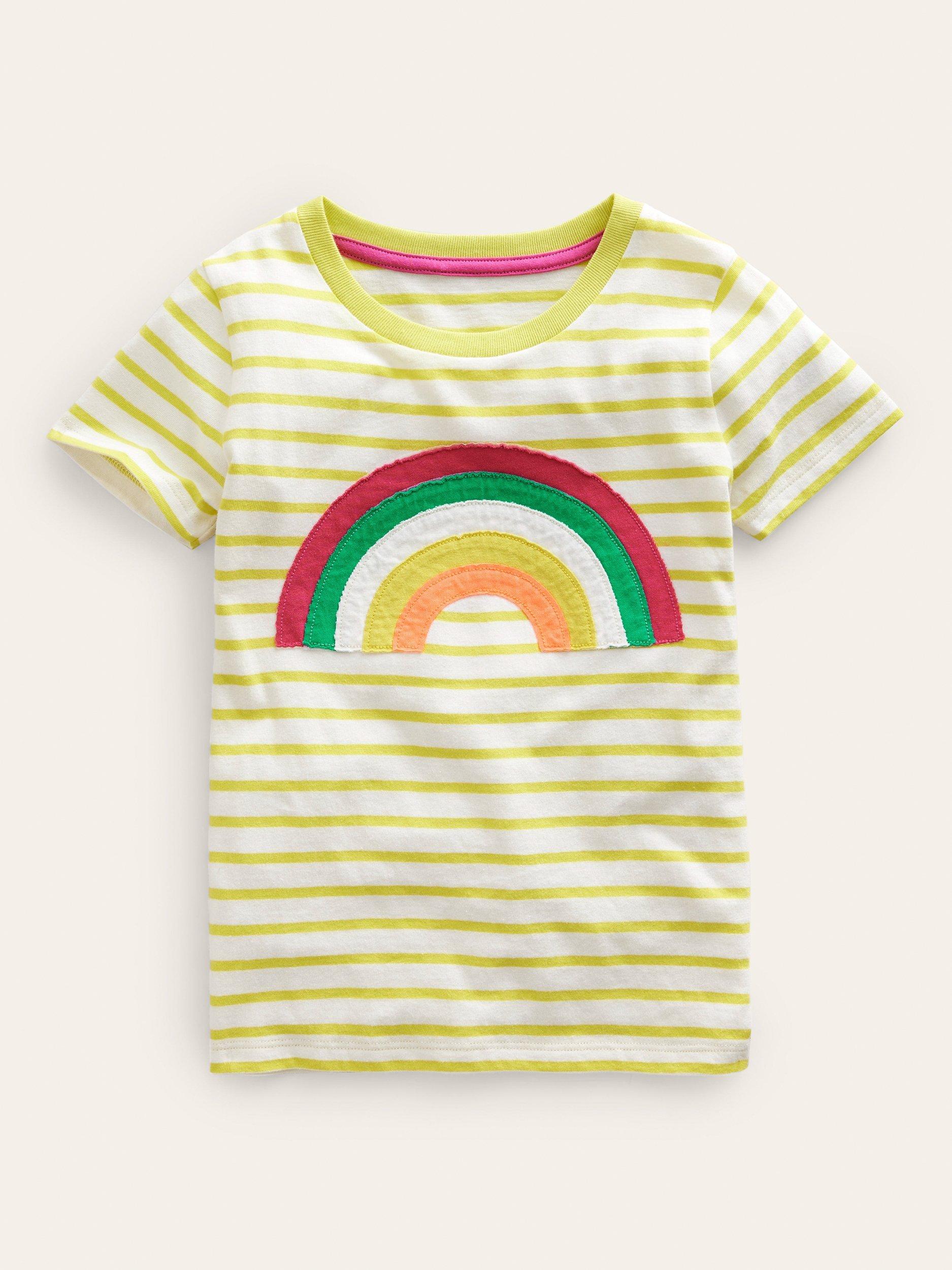 Mini Boden Kids' Rainbow Applique Stripe T-shirt, Gooseberry Yellow/Multi