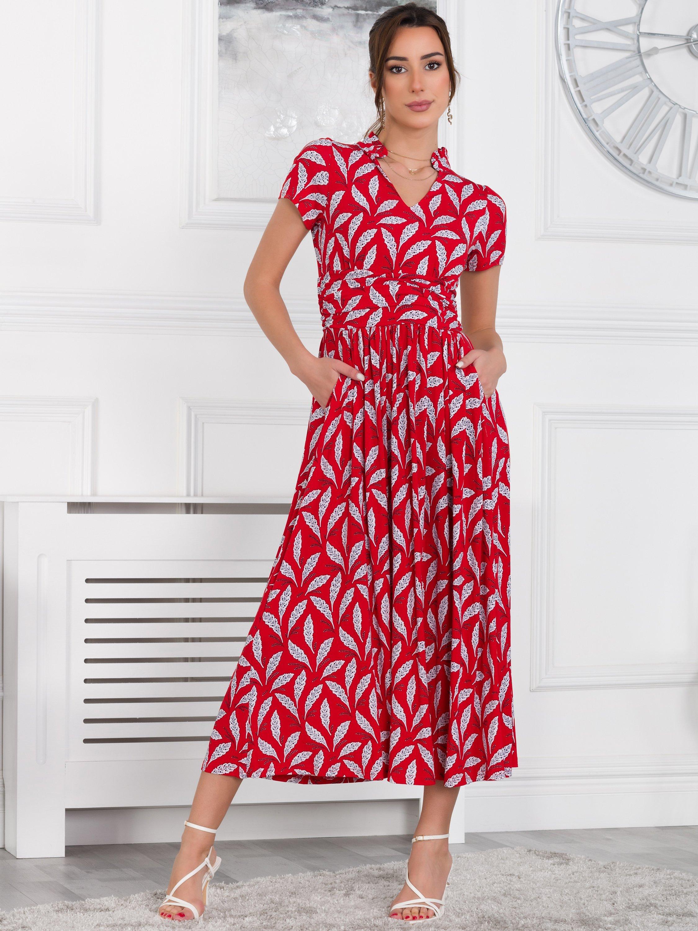Jolie Moi Mabrouka Leaf Print Midi Dress, Red