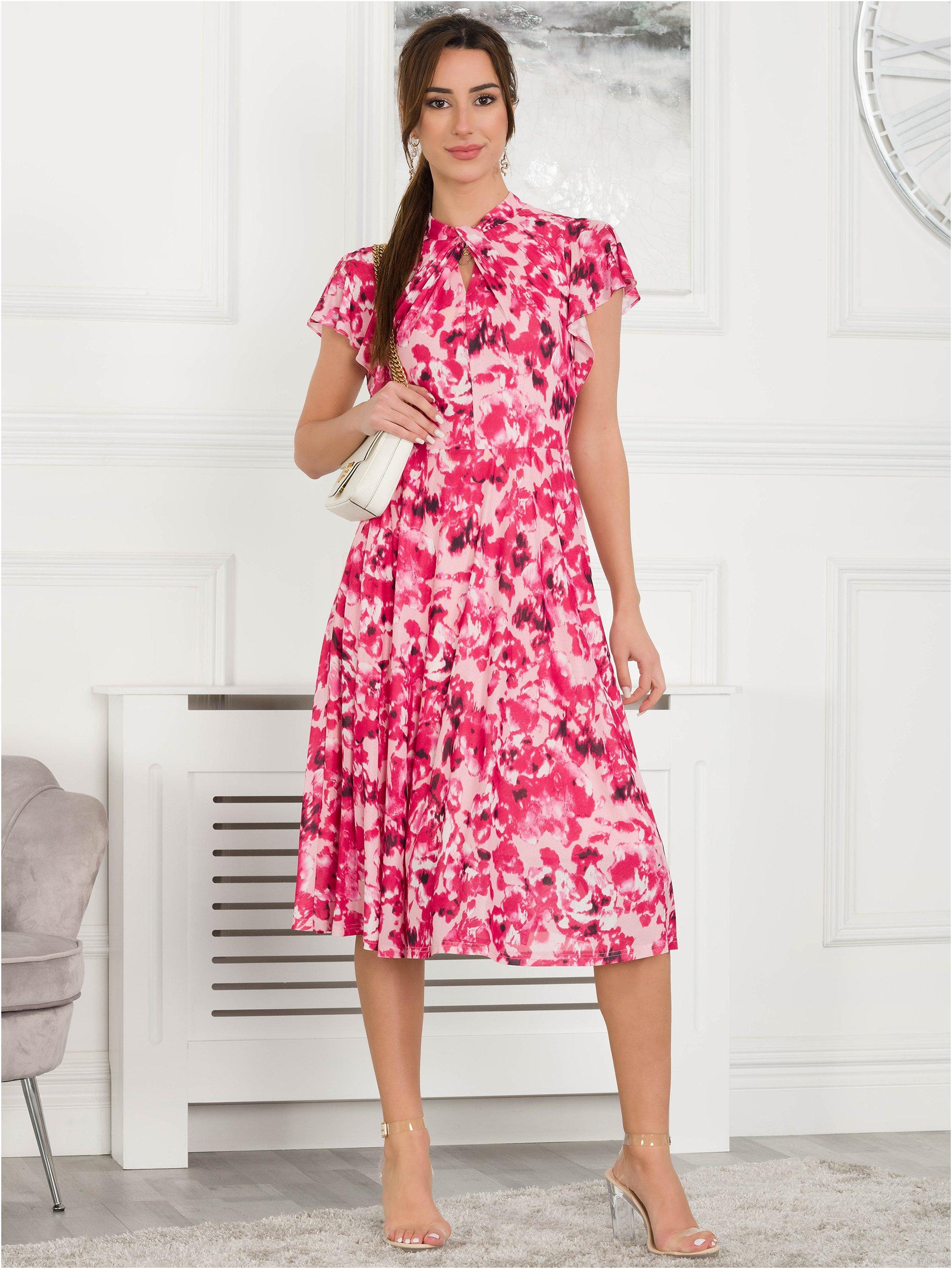 Jolie Moi Luella Keyhole Mesh Dress, Pink Abstract