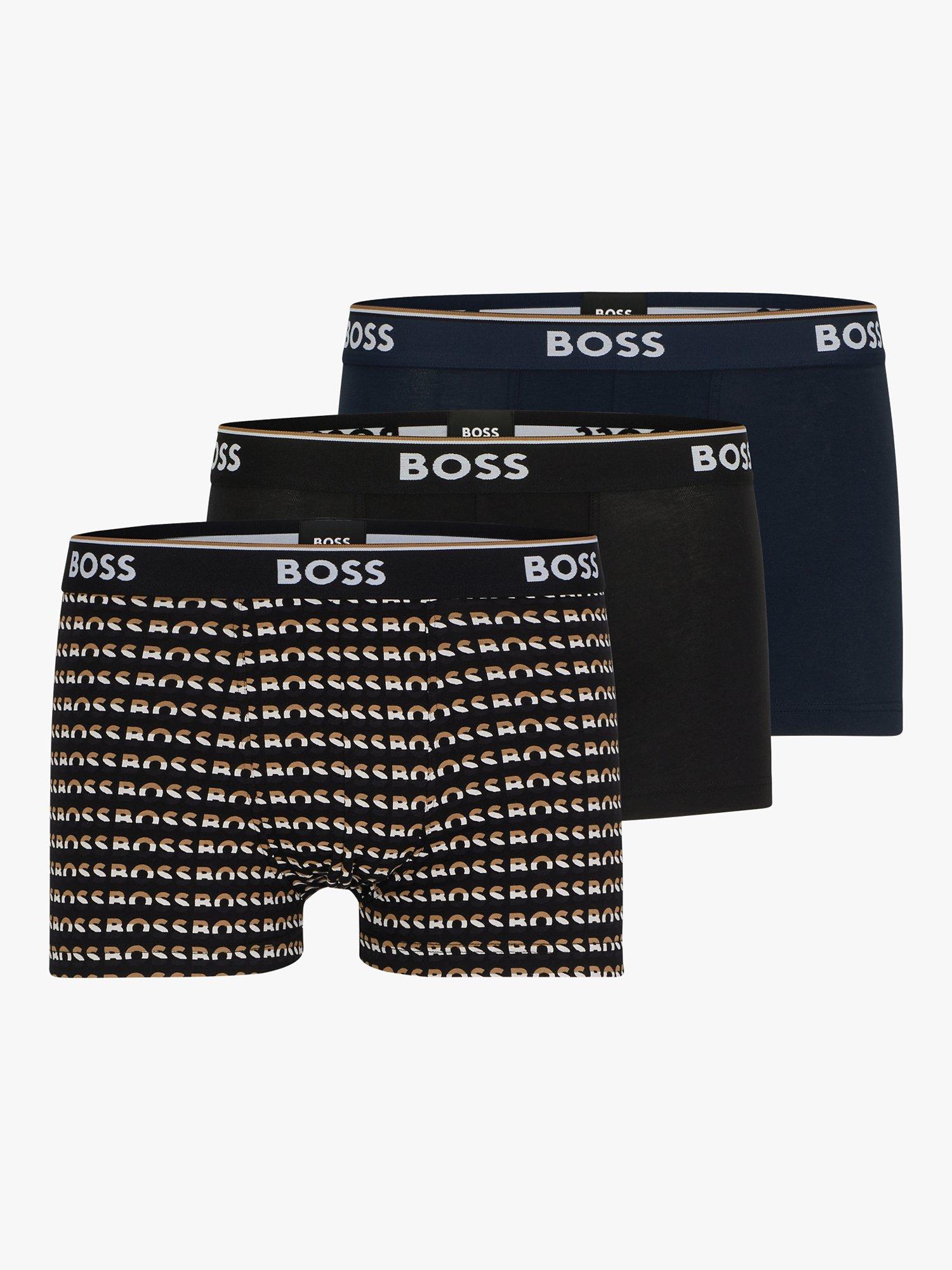 BOSS Essential Cotton Blend Plain and Logo Trunks, Pack of 3, Black/Navy/Multi