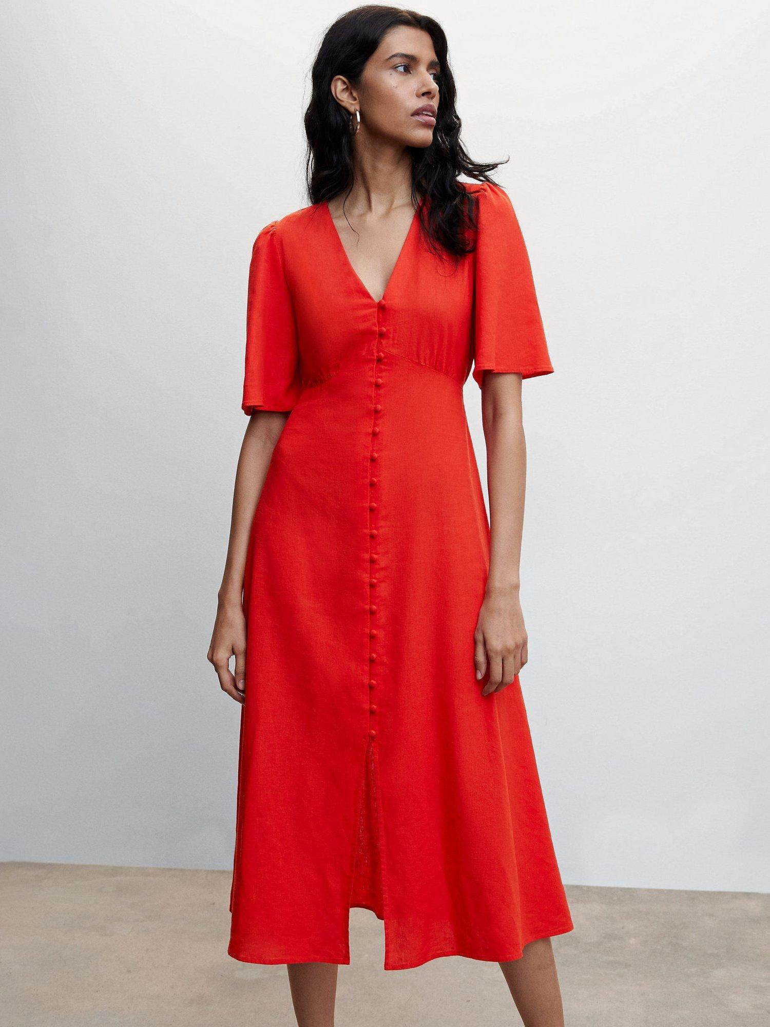 Mango Buttoned Linen Blend Dress, Red