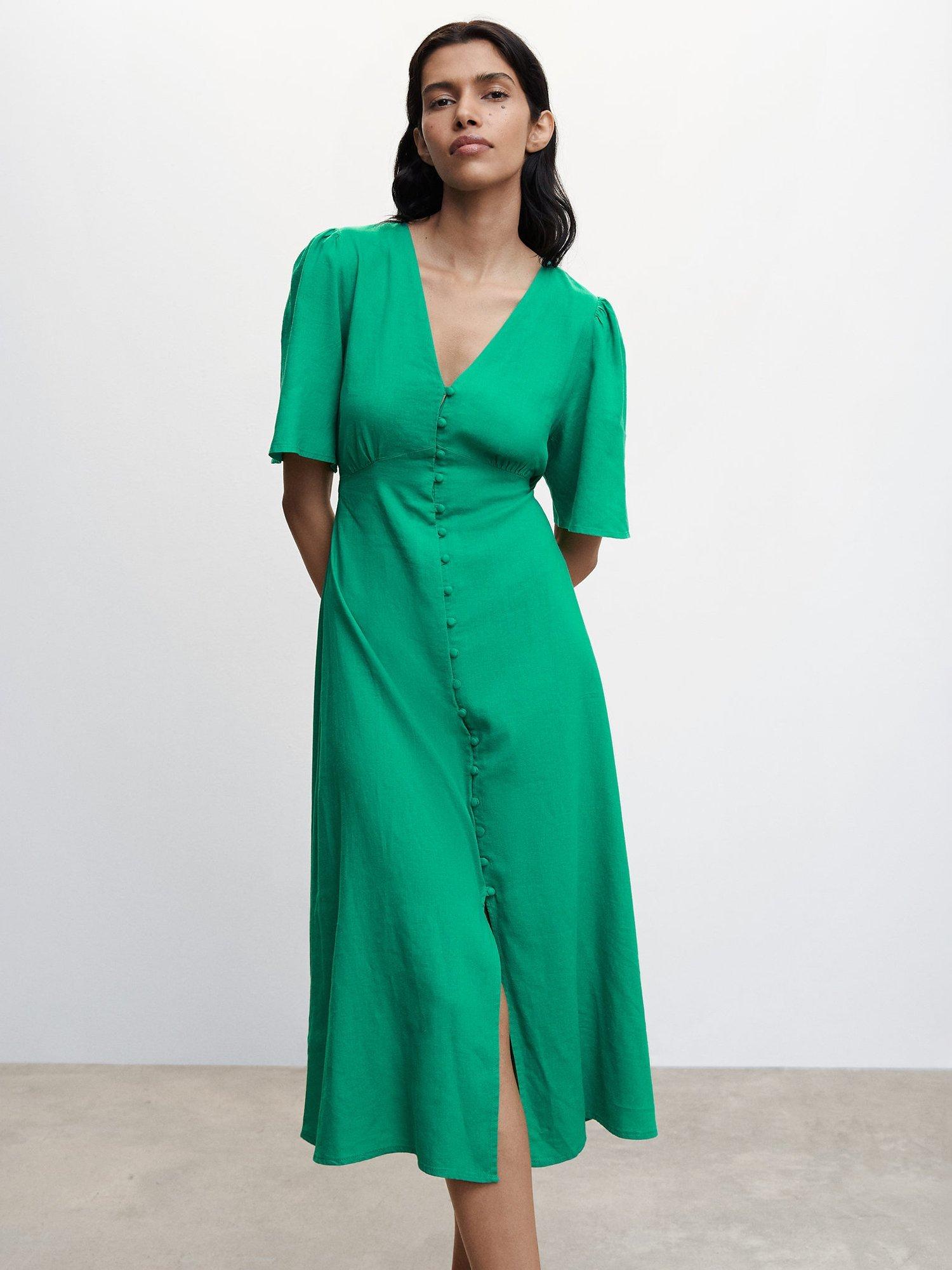 Mango Buttoned Linen Blend Dress, Bright Green