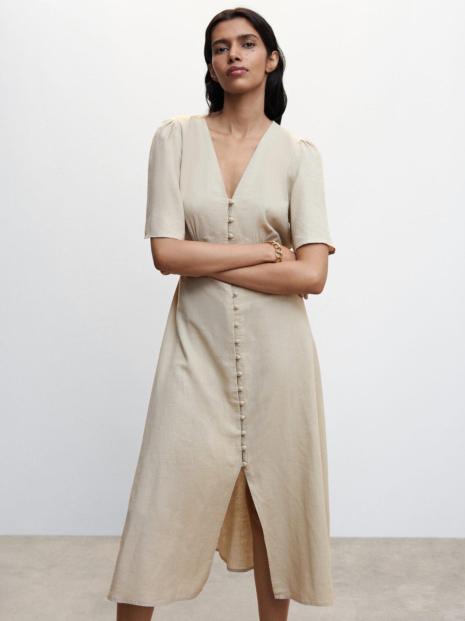Mango Buttoned Linen Blend Dress, Light Beige