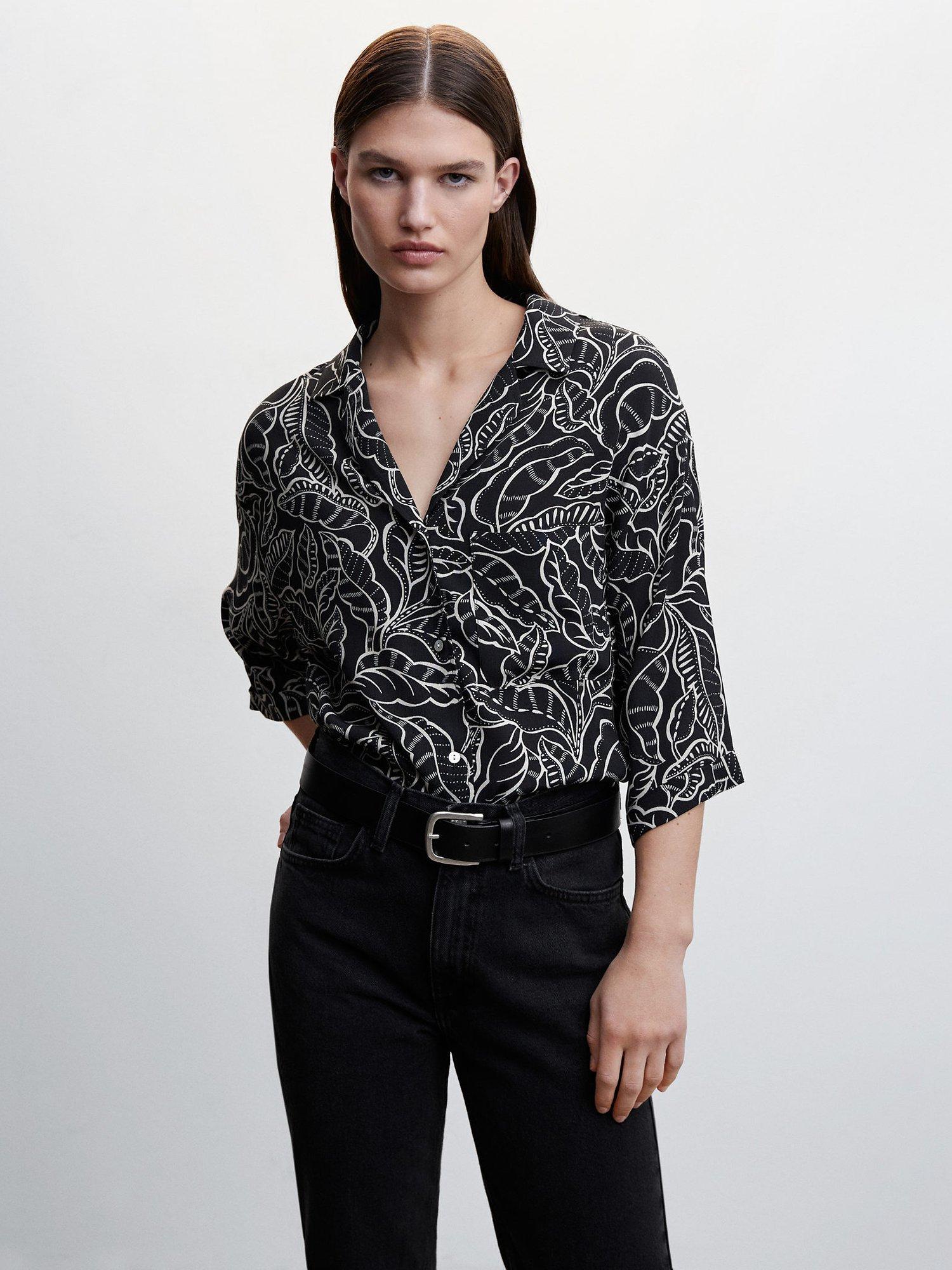 Mango Claudie Floral Short Sleeve Blouse, Black