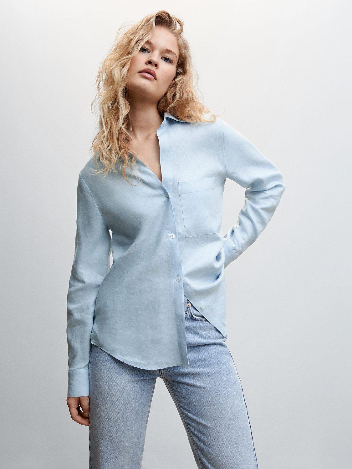 Mango Samara Linen Patch Pocket Shirt, Lt-pastel Blue
