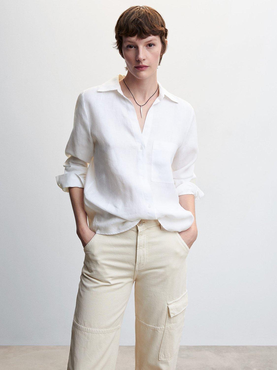 Mango Samara Linen Patch Pocket Shirt, Natural White