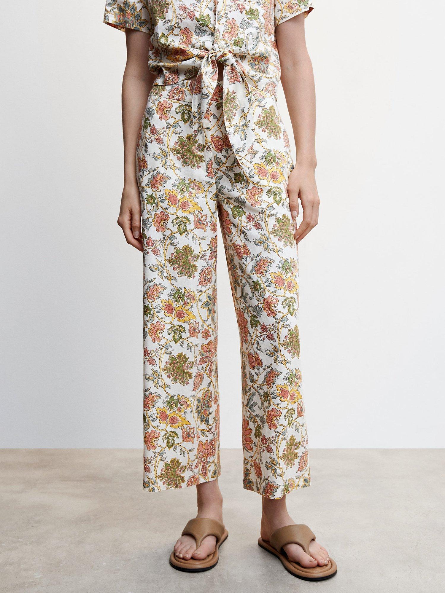 Mango Linen Blend Floral Print Culotte Trousers, White/Multi