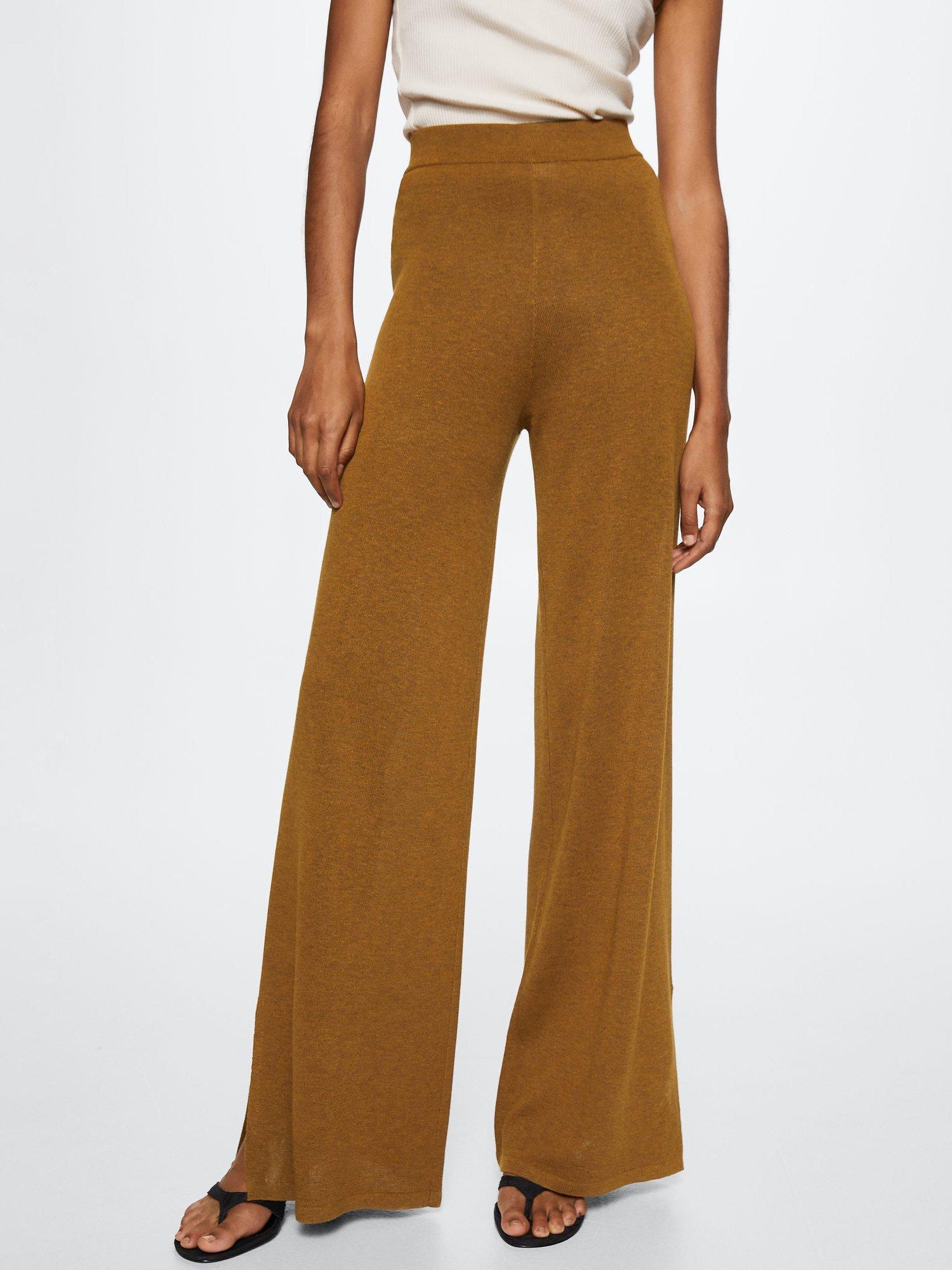 Mango Berries Linen Blend Side Slit Knit Trousers, Brown