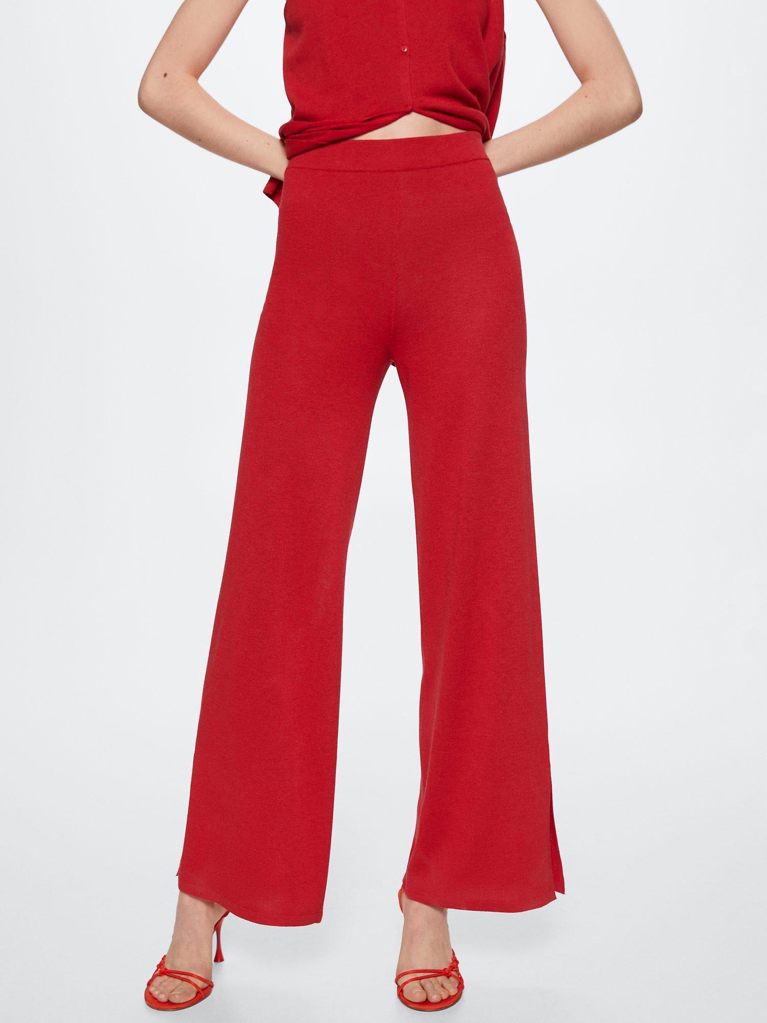 Mango Berries Linen Blend Side Slit Knit Trousers, Red