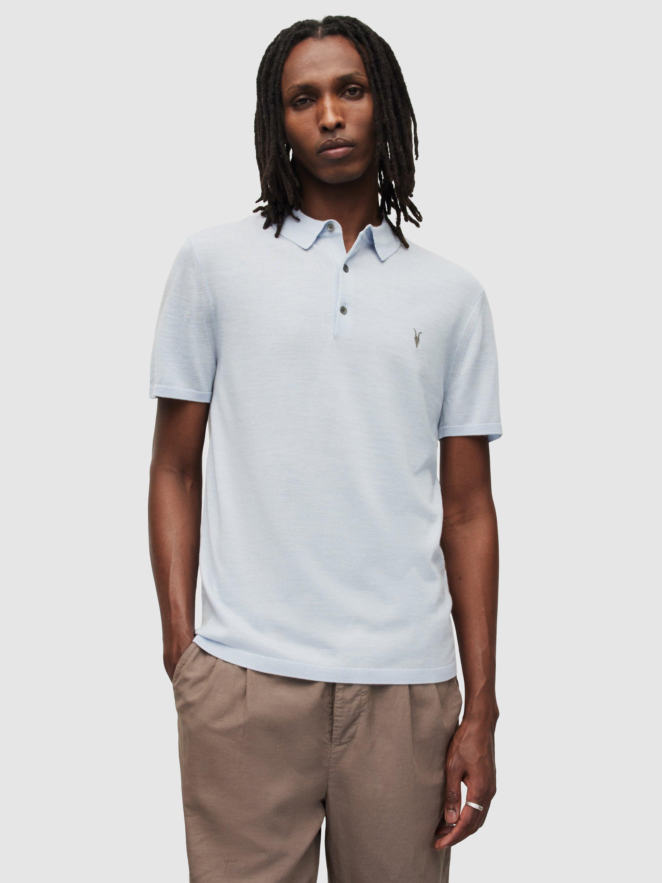 AllSaints Mode Merino Short Sleeve Polo Top, Seafront Blue Marl