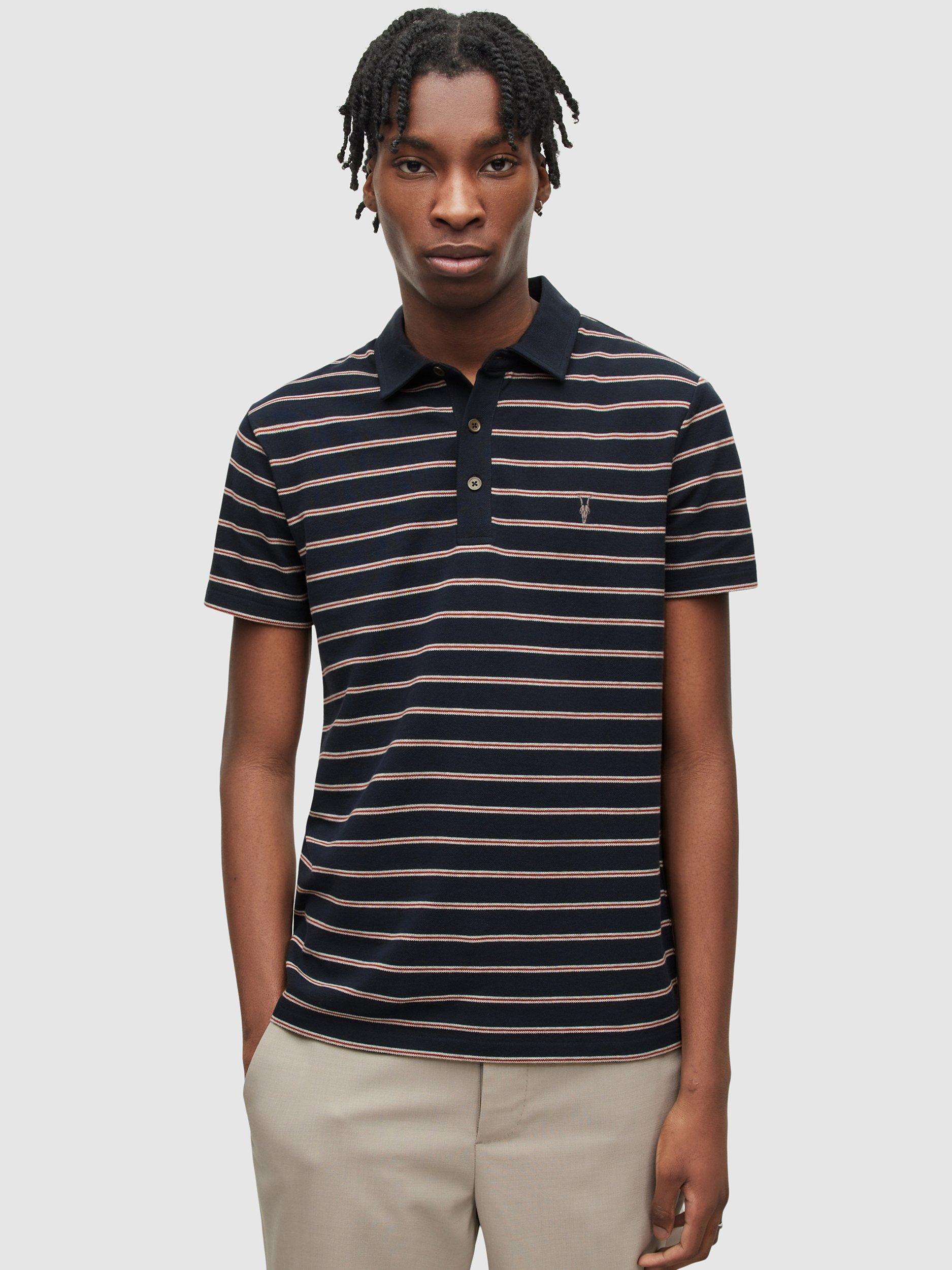 Product image 1 of 5, which shows AllSaints Hayden Short Sleeve Polo Top, Navy/Multi, L