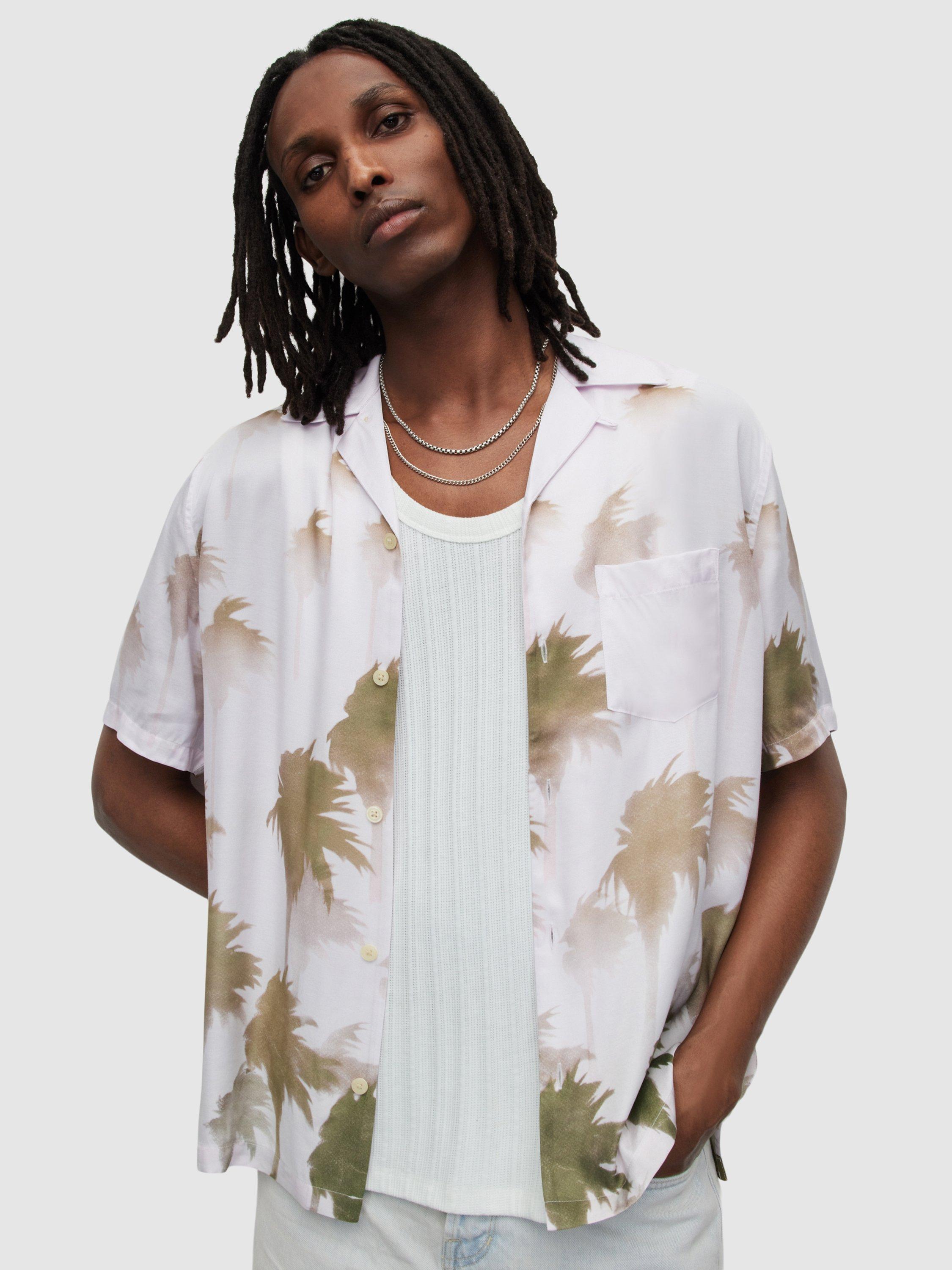 AllSaints Islands Print Short Sleeve Shirt, Pastel Pink