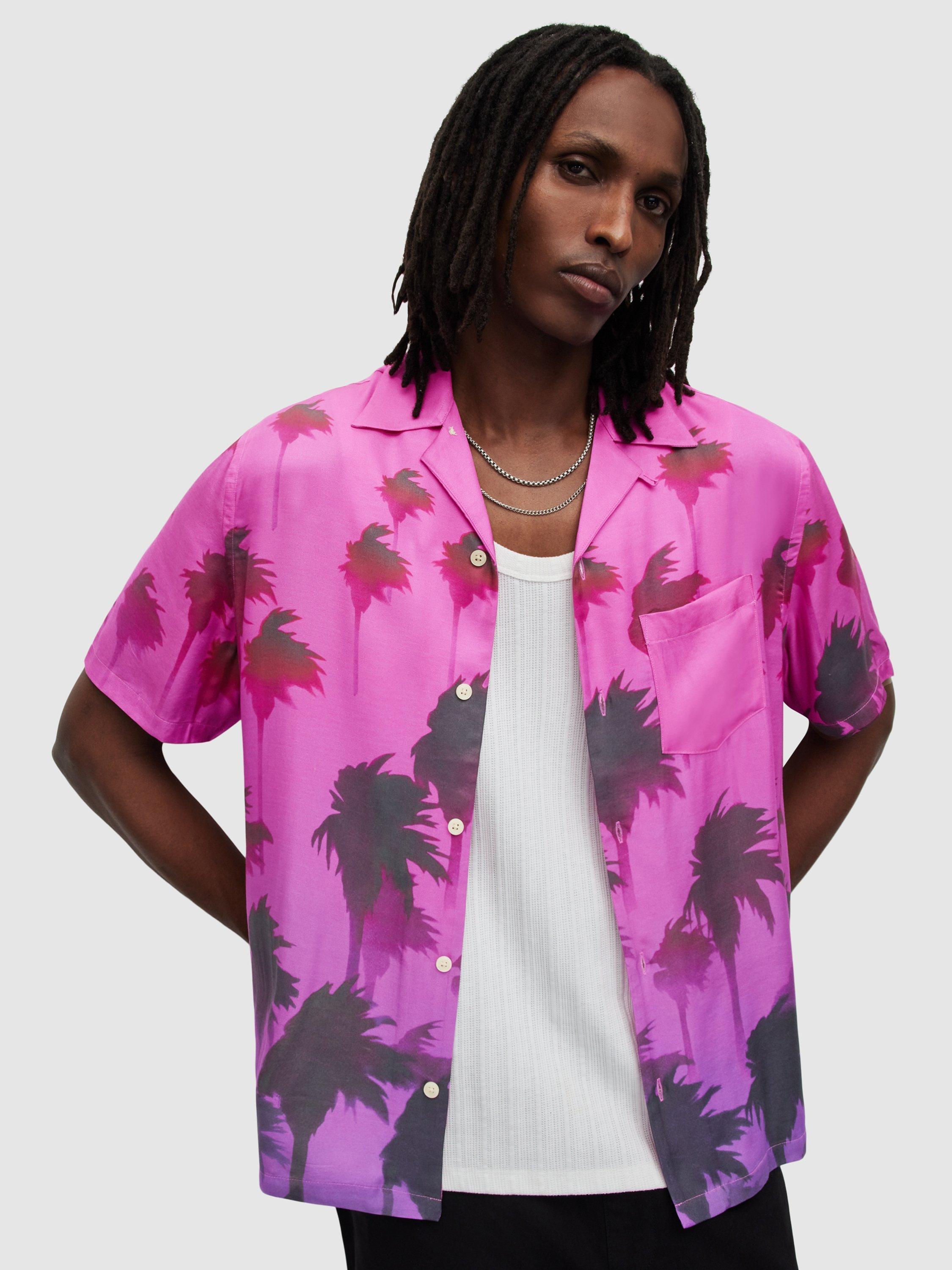 AllSaints Islands Print Short Sleeve Shirt, Punch Pink