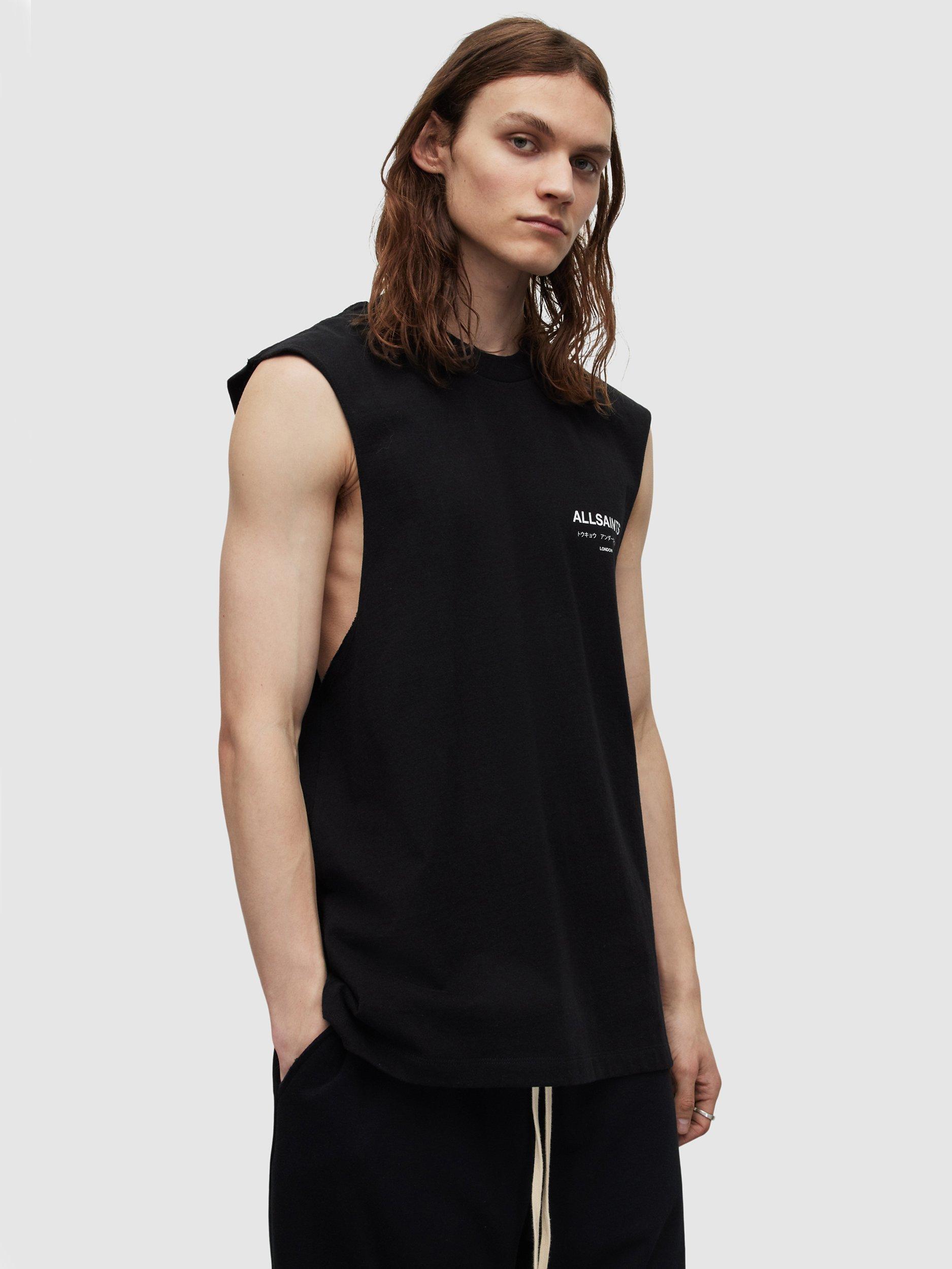 Product image 1 of 7, which shows AllSaints Underground Sleeveless Tank Top, Jet Black, S