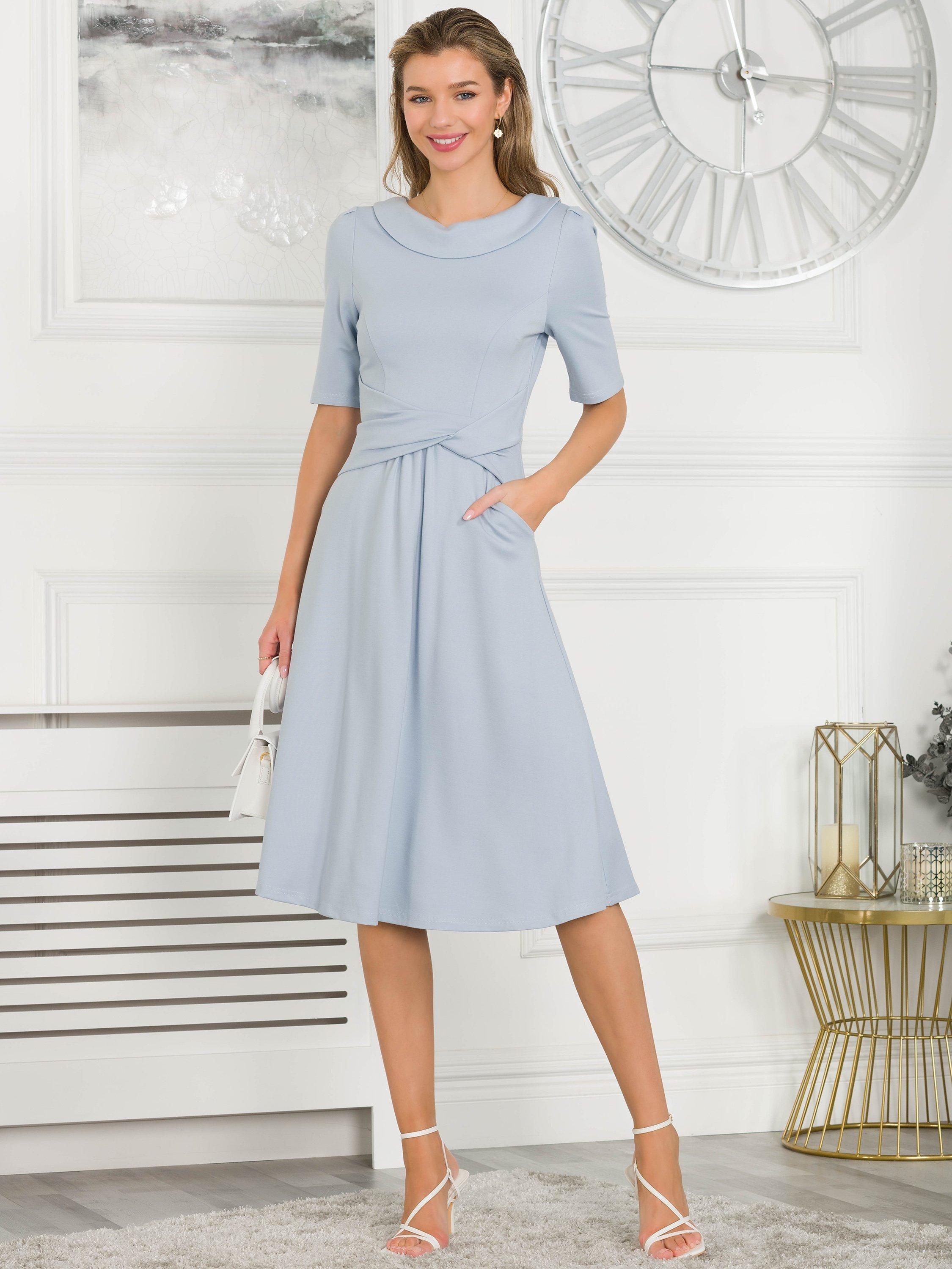 Jolie Moi Fold Over Collar Neck Dress, Dusky Blue