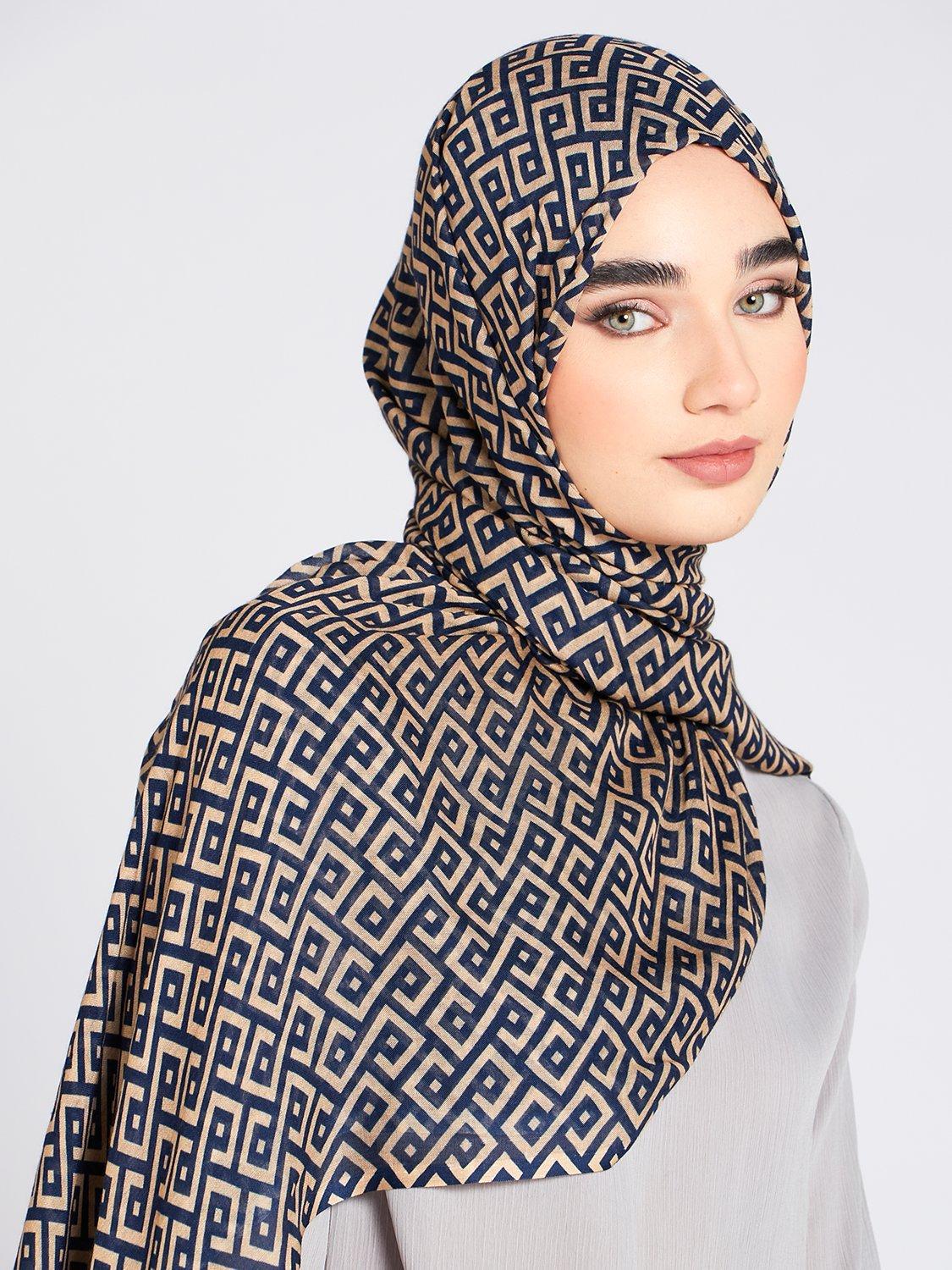 Product image 1 of 3, which shows Aab Greca Geometric Modal Hijab, Natural/Multi, One Size