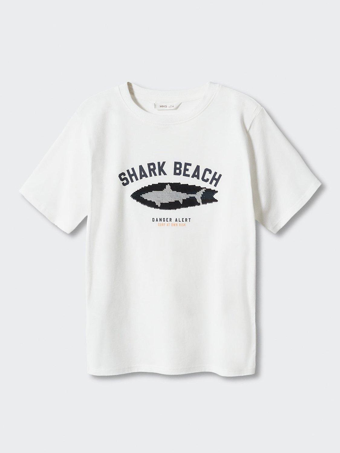 Mango Kids' Shark Board Reversible Sequins T-Shirt, Natural White