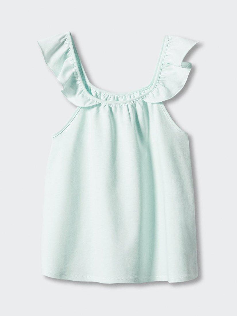 Product image 2 of 3, which shows Mango Kids' Giselle Frill Shoulder Top, Pastel Blue, 5-6 years