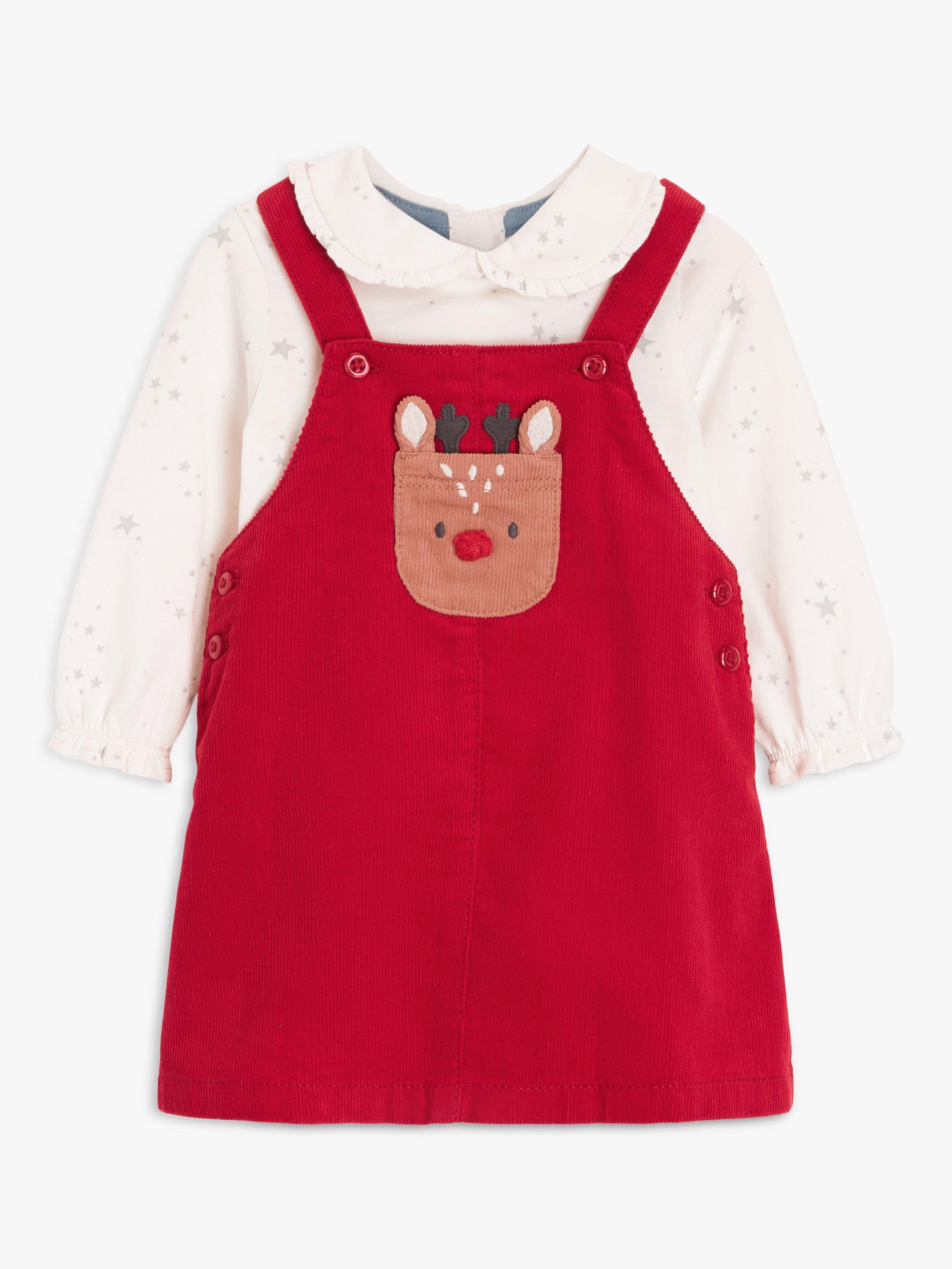 John Lewis Baby Reindeer Corduroy Pinafore Dress & Top Set, Red