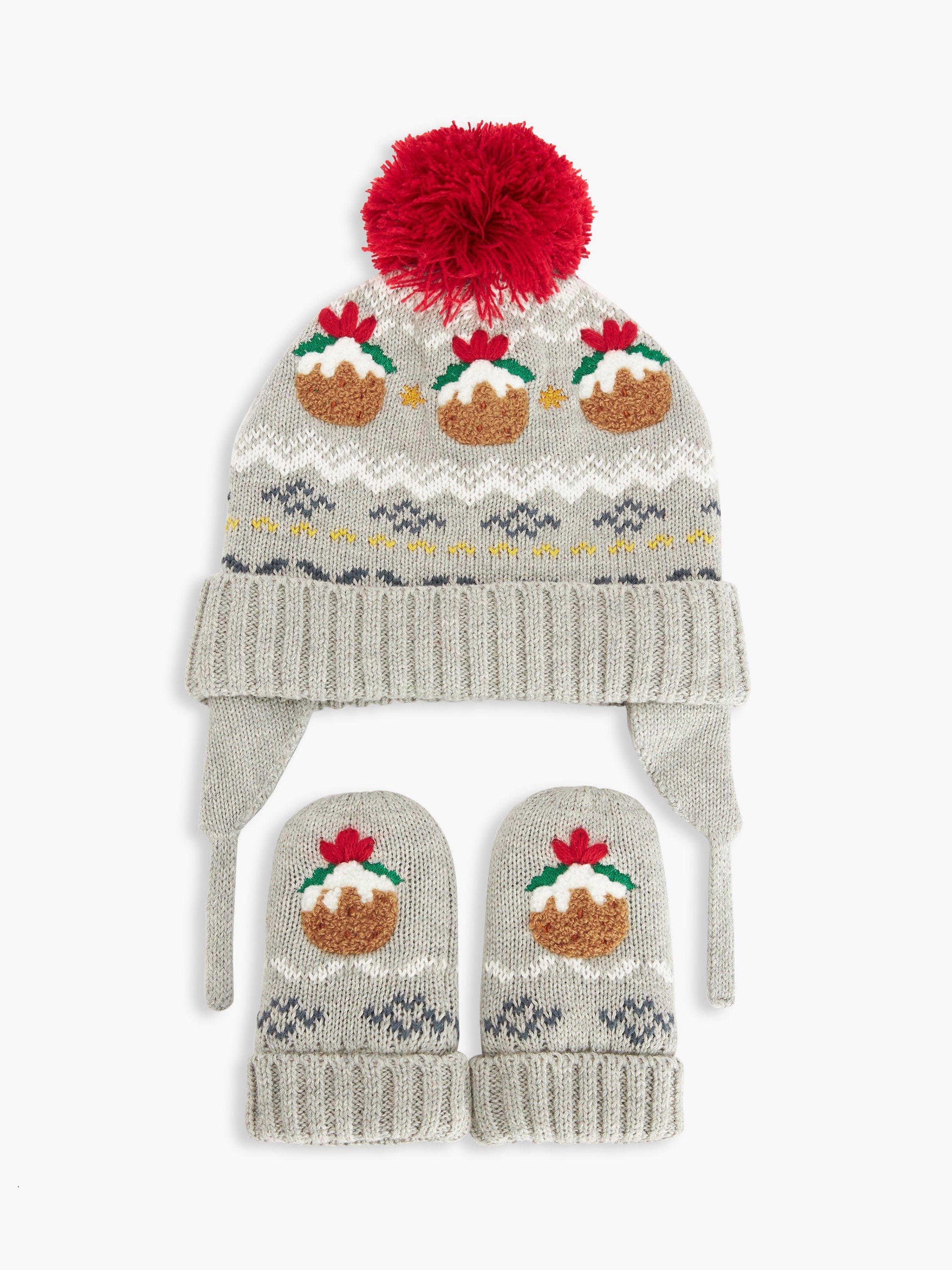 John Lewis Baby Christmas Pudding Hat & Mittens Set, Multi