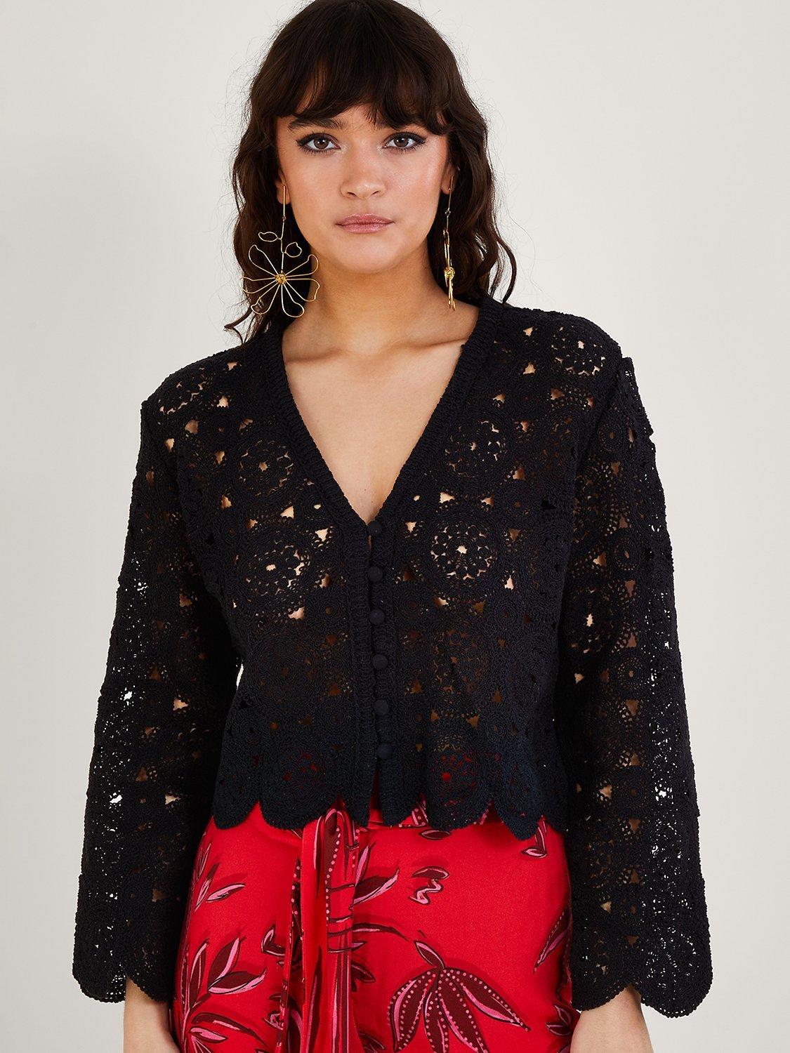 Monsoon Crochet Cropped Cardigan, Black