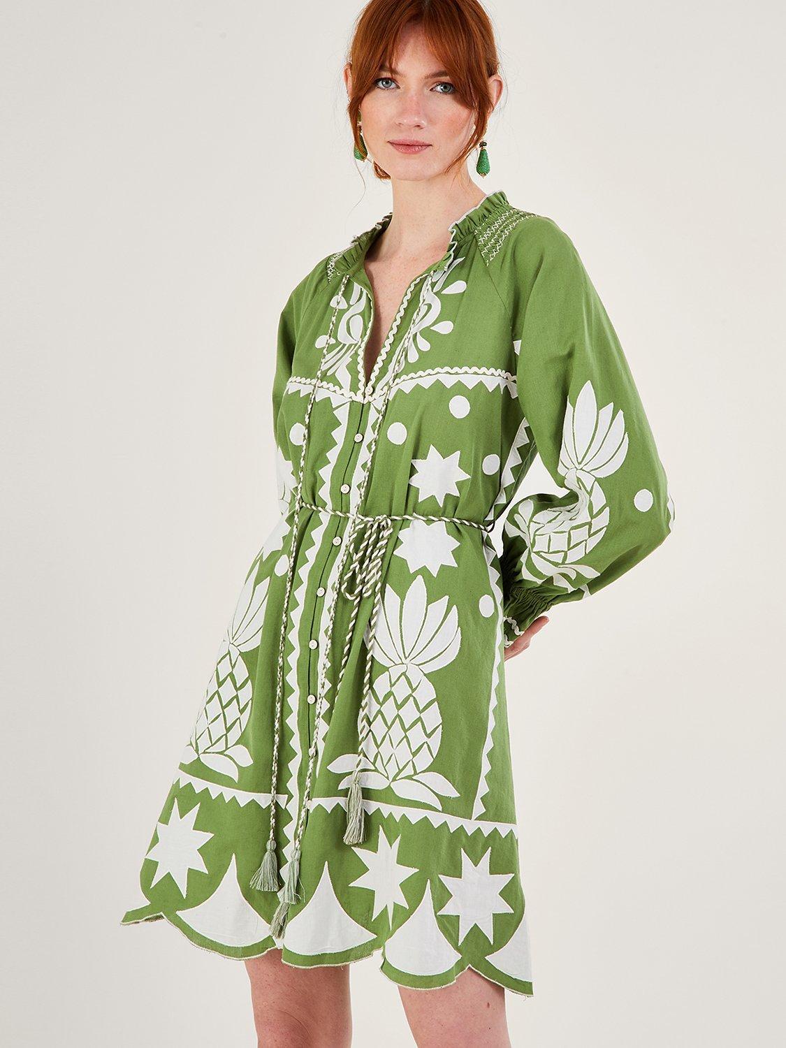 Monsoon Embroidered Pineapple Linen Blend Dress, Green