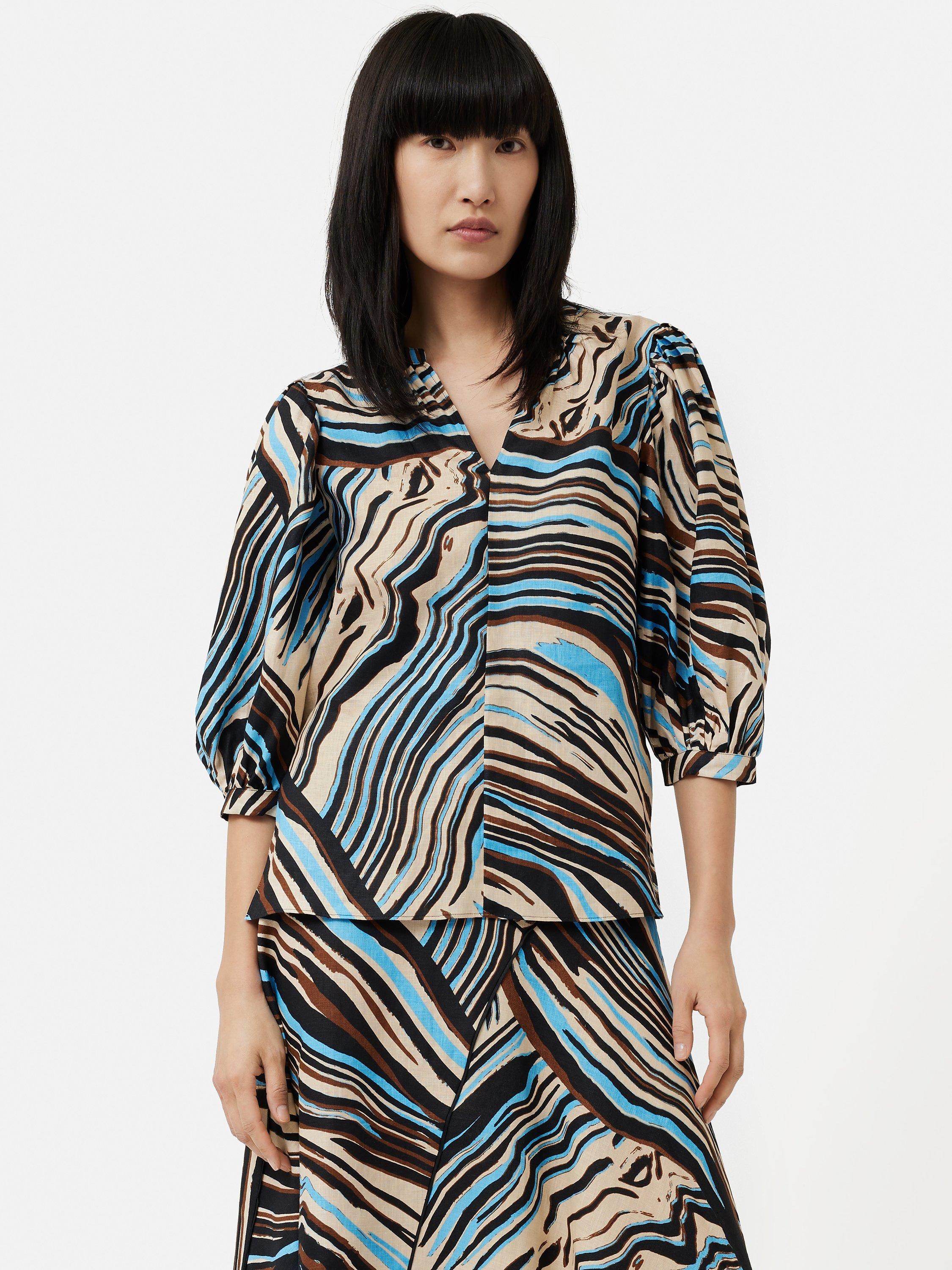 Jigsaw Terrain Abstract Print Linen Cicelly Top, Neutral/Multi