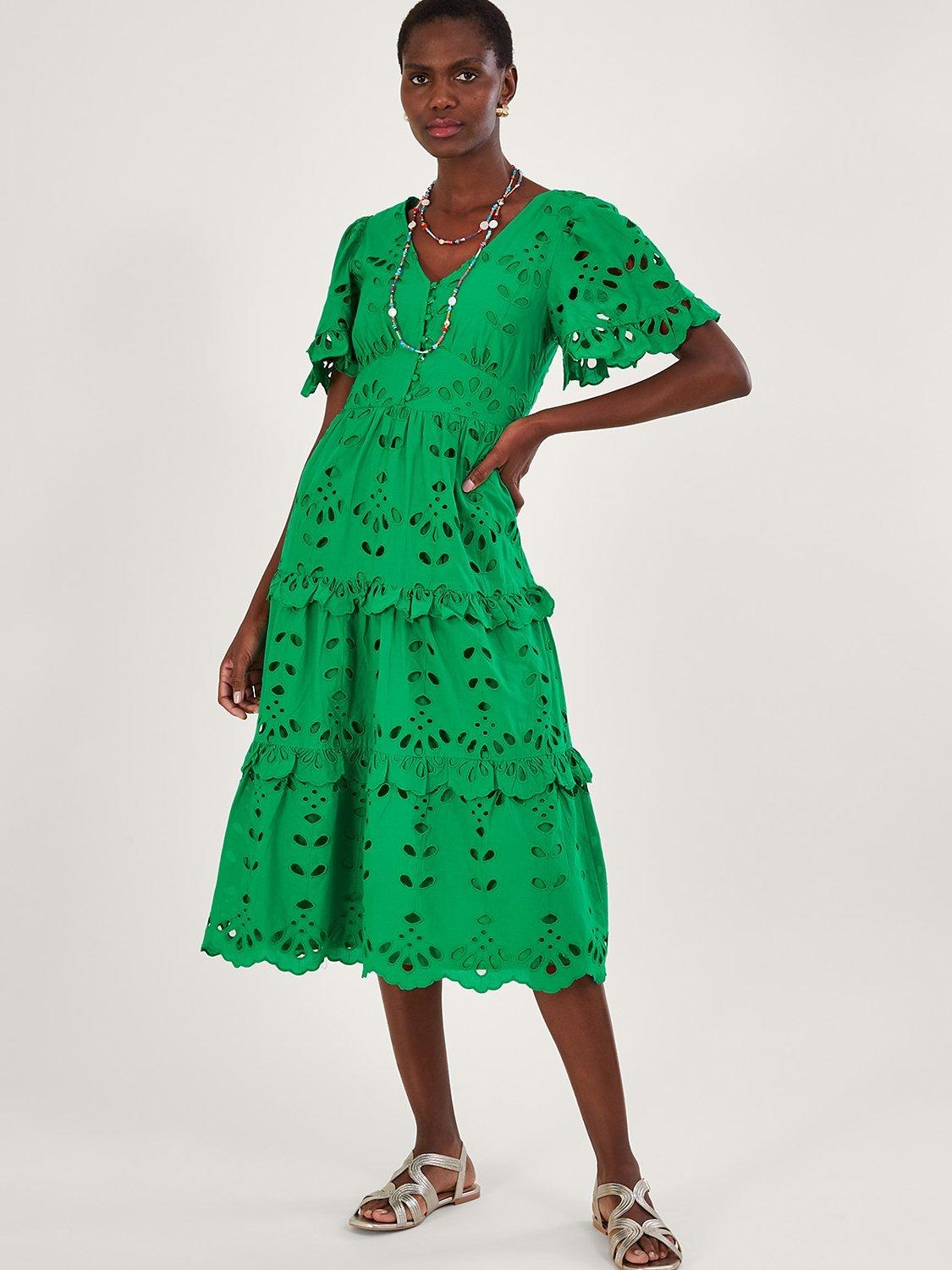Monsoon Broderie Anglaise Tiered Midi Dress, Green