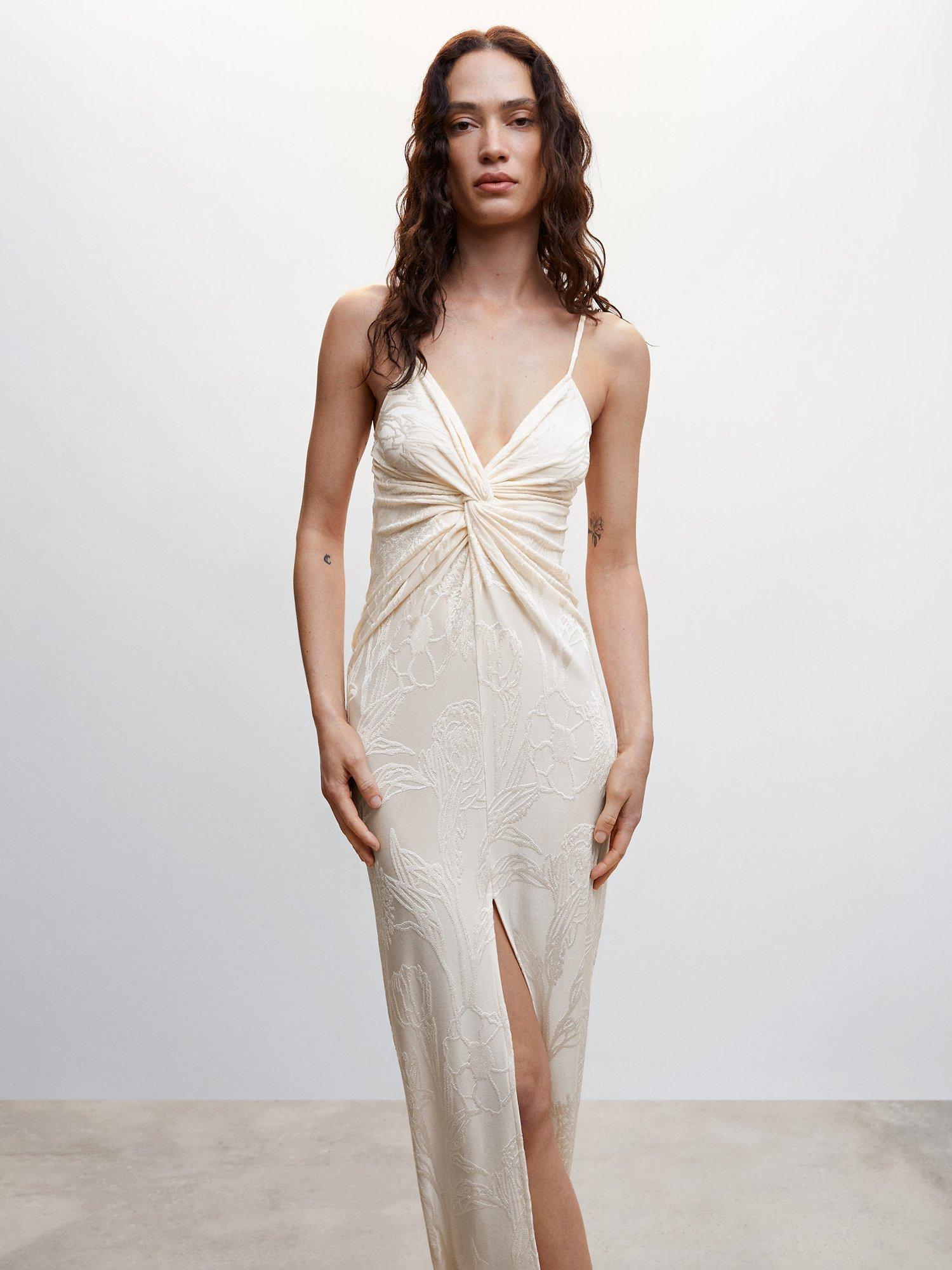 Mango Plunge Neck Maxi Dress, Light Beige