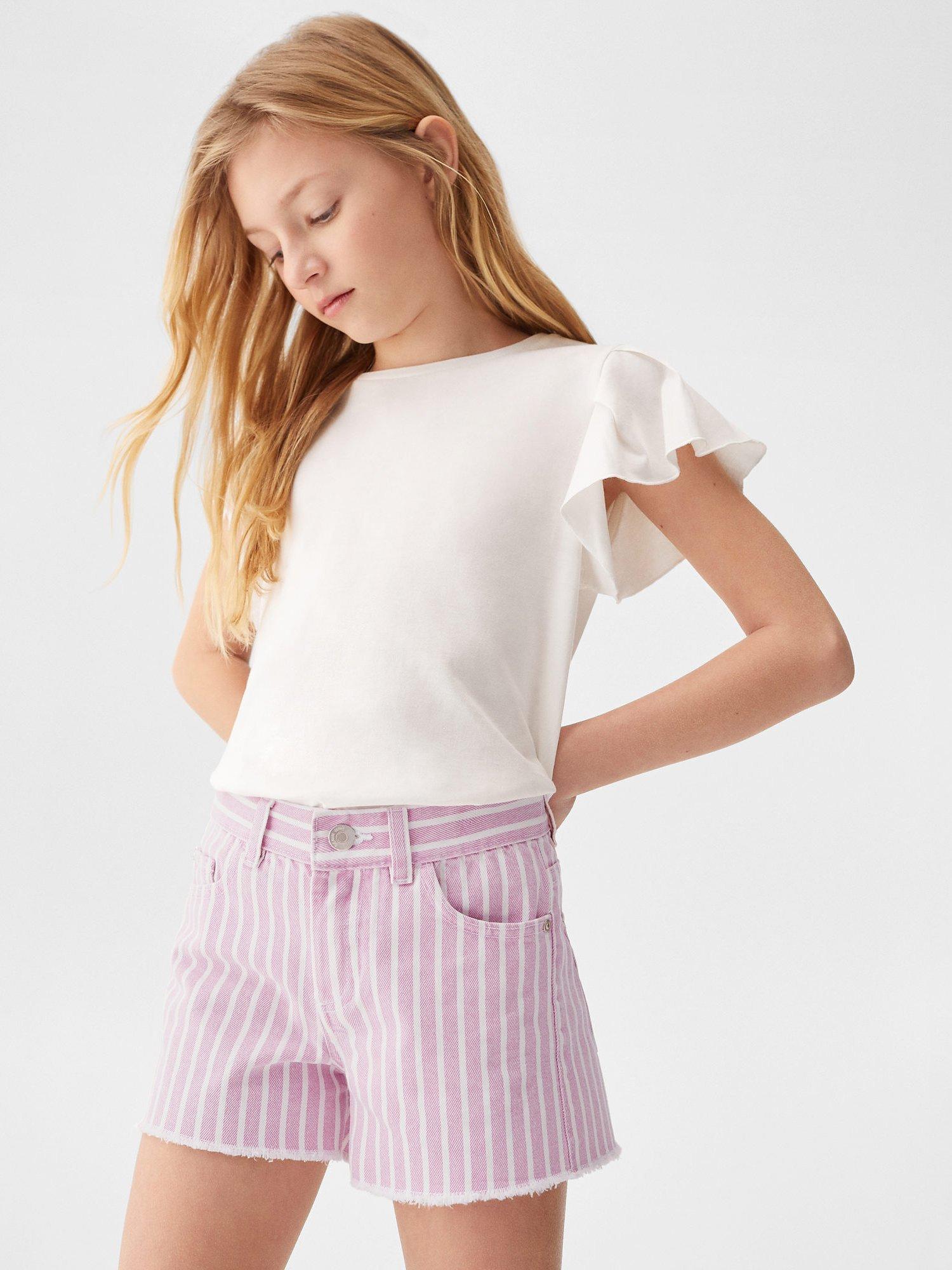 Mango Kids' Betty Cotton Stripe Frayed Hem Shorts, Pink