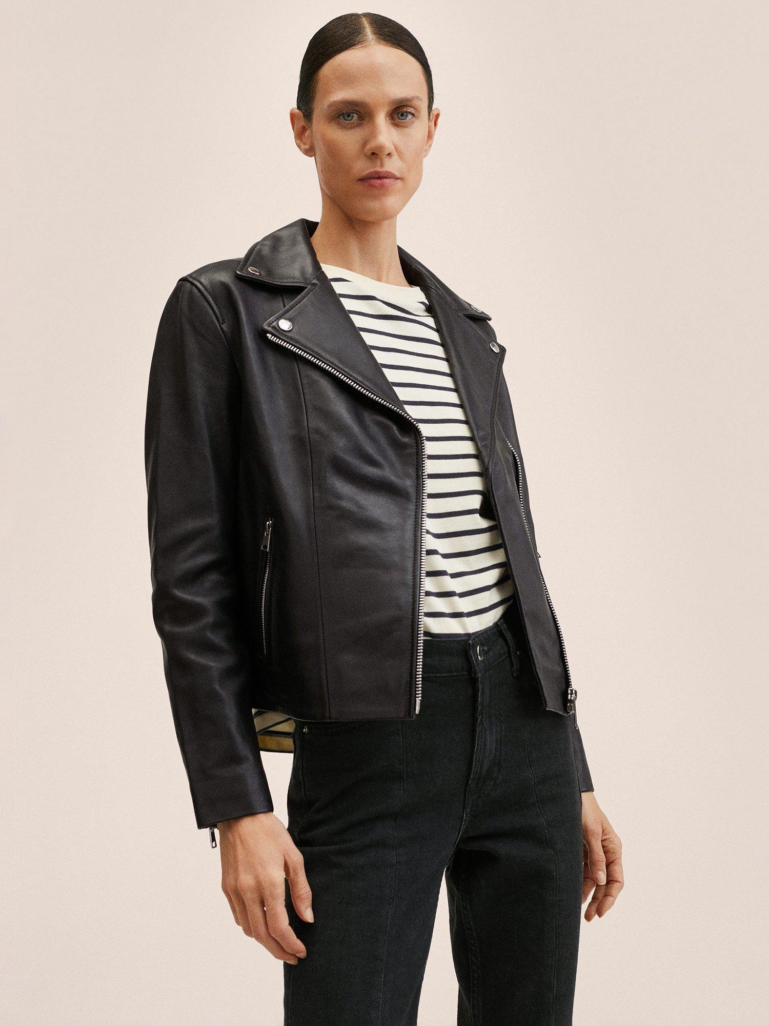 Mango Perfect Leather Biker Jacket, Black