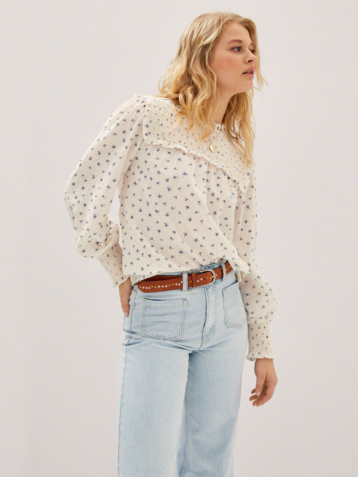 Mango Floral Print Smocked Blouse, Light Beige