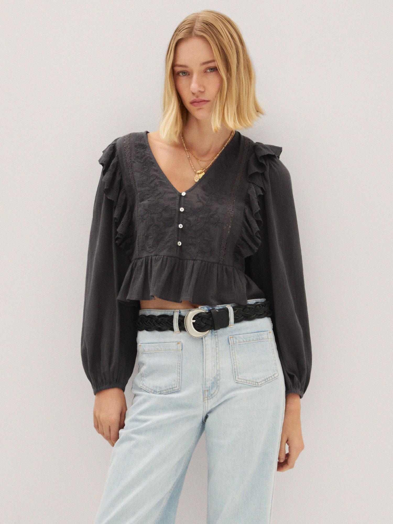 Mango Embroidered Ruffle Detail Cropped Blouse, Black