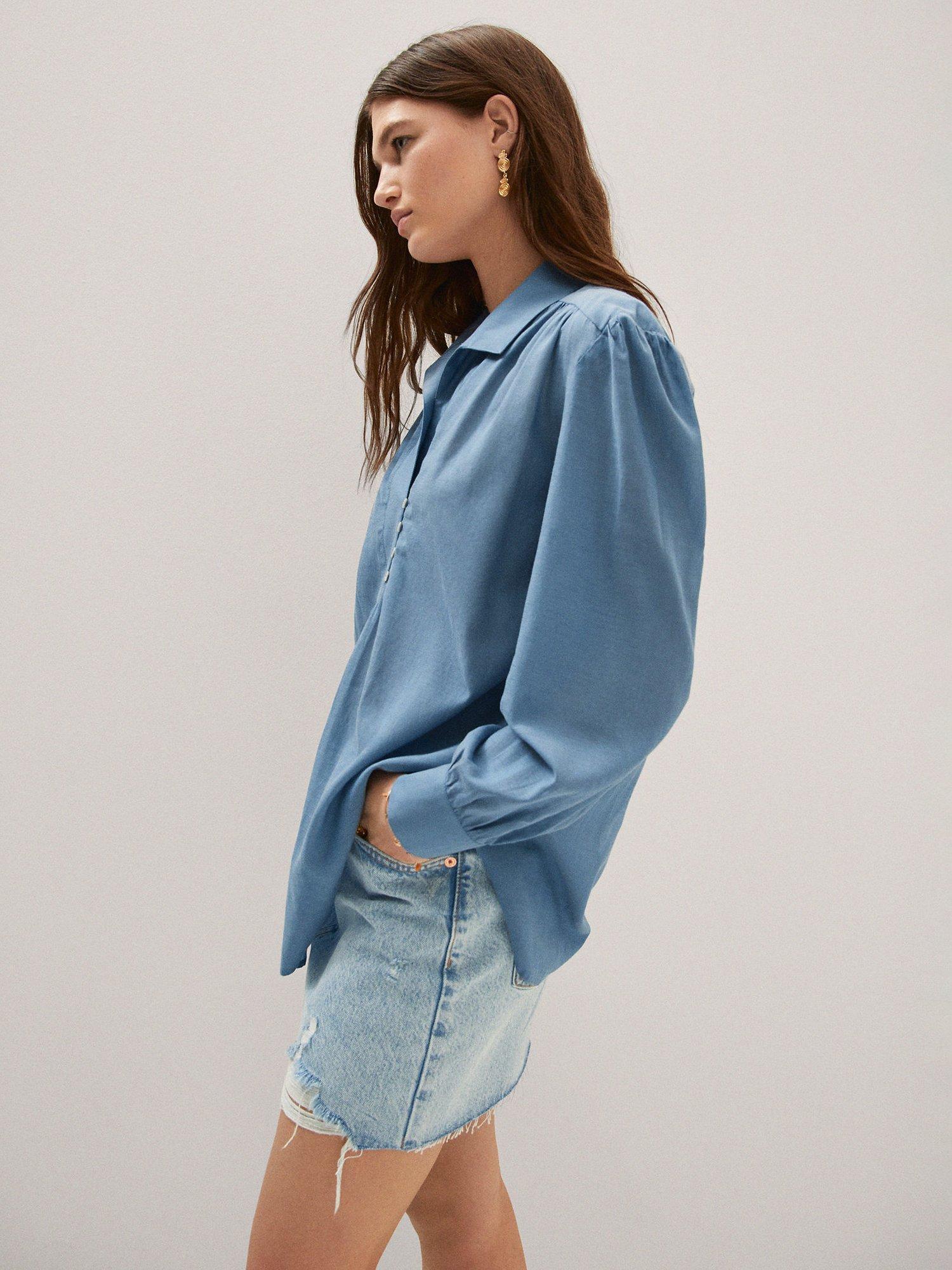 Mango Aoza Cotton Blend Blouse, Medium Blue