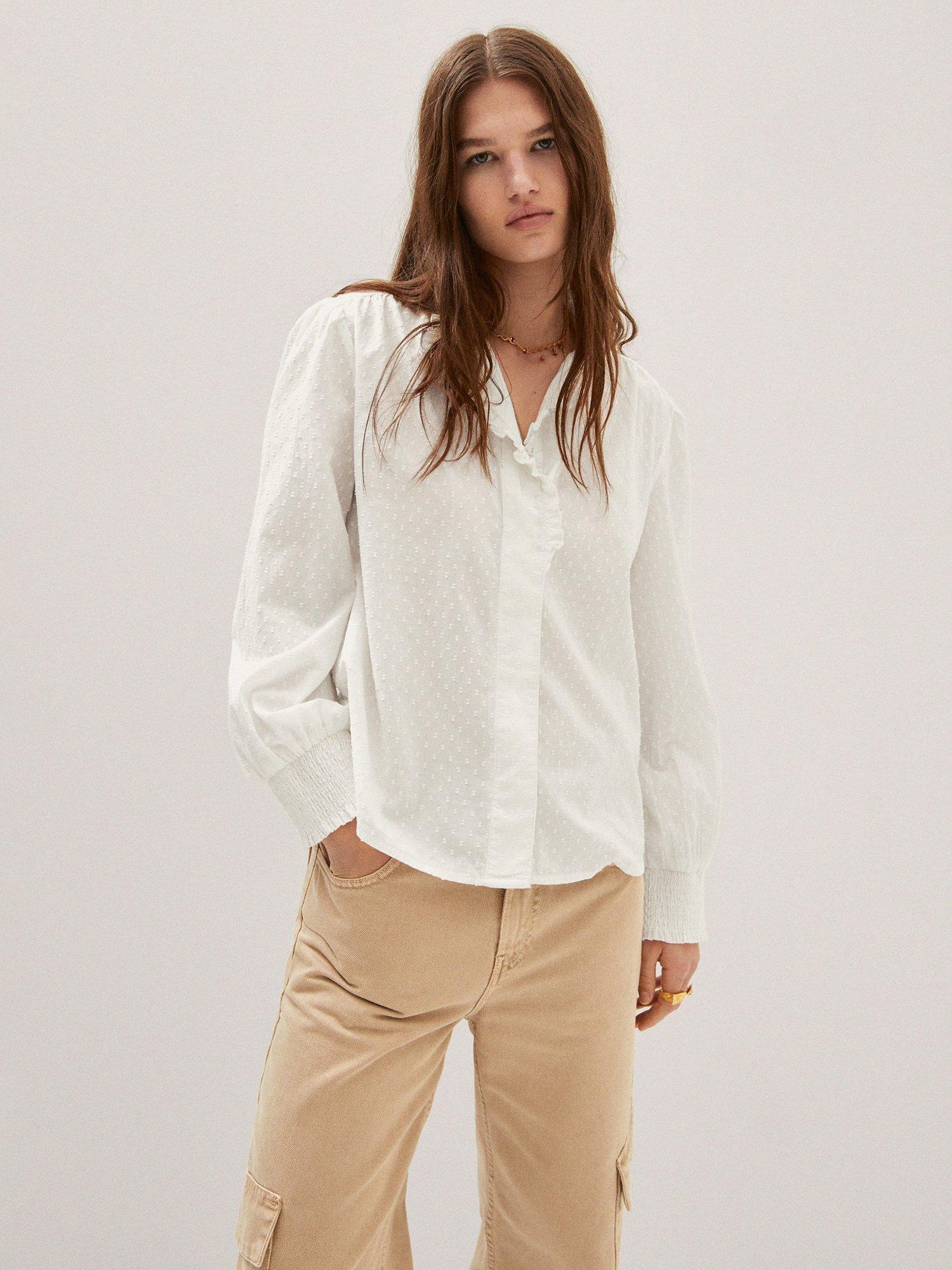 Mango Mixy Polka Dot Textured Blouse, Light Beige