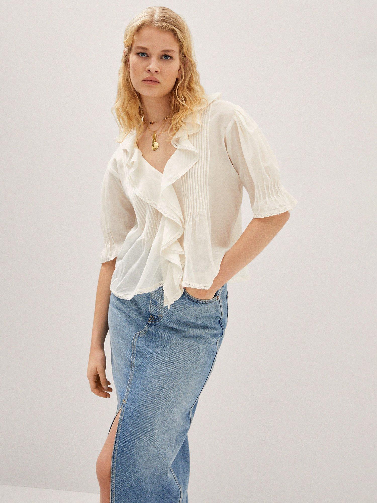 Mango Voli Ruffle Detail Blouse, Natural White