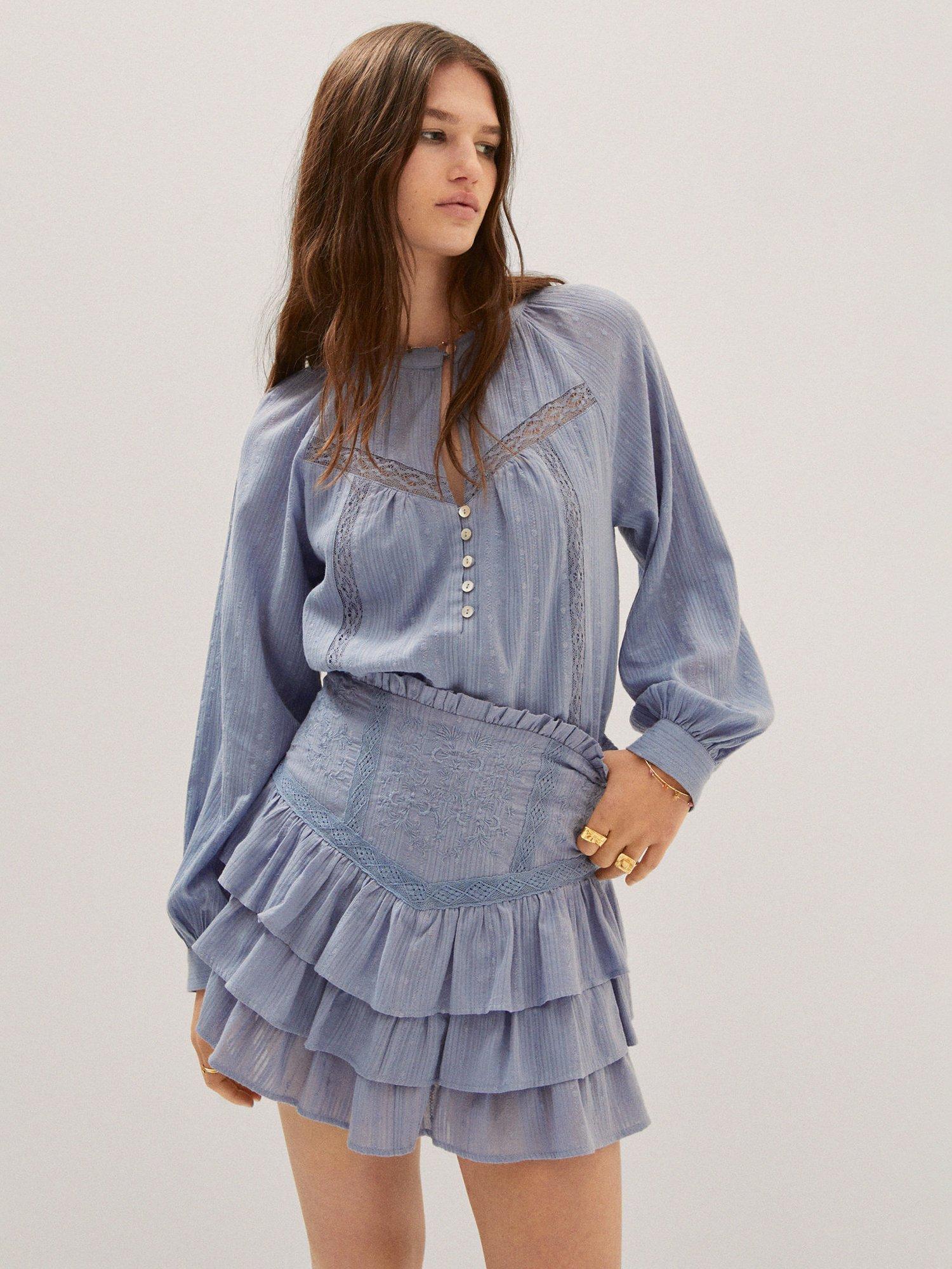 Mango Tinta Embroidered Frill Mini Skirt, Medium Blue