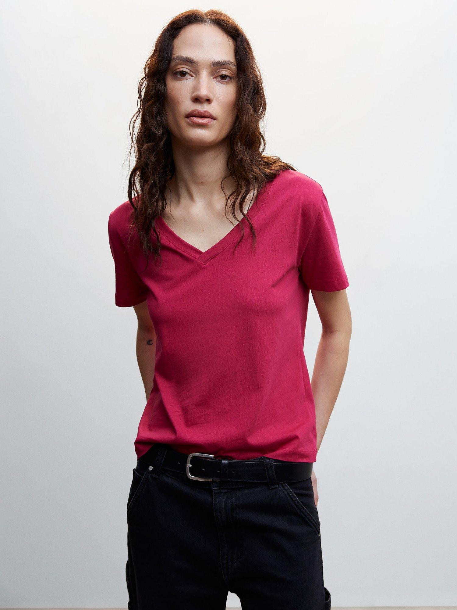 Mango Cotton V-Neck T-Shirt, Red
