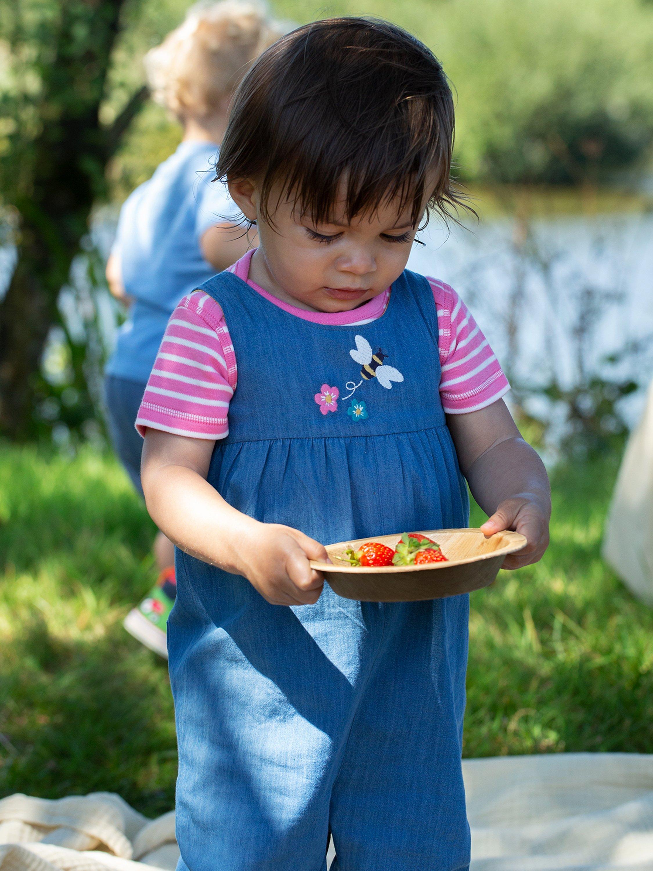 Frugi Kids' Organic Cotton Reversible Dungarees, Chambray/Beedaisies