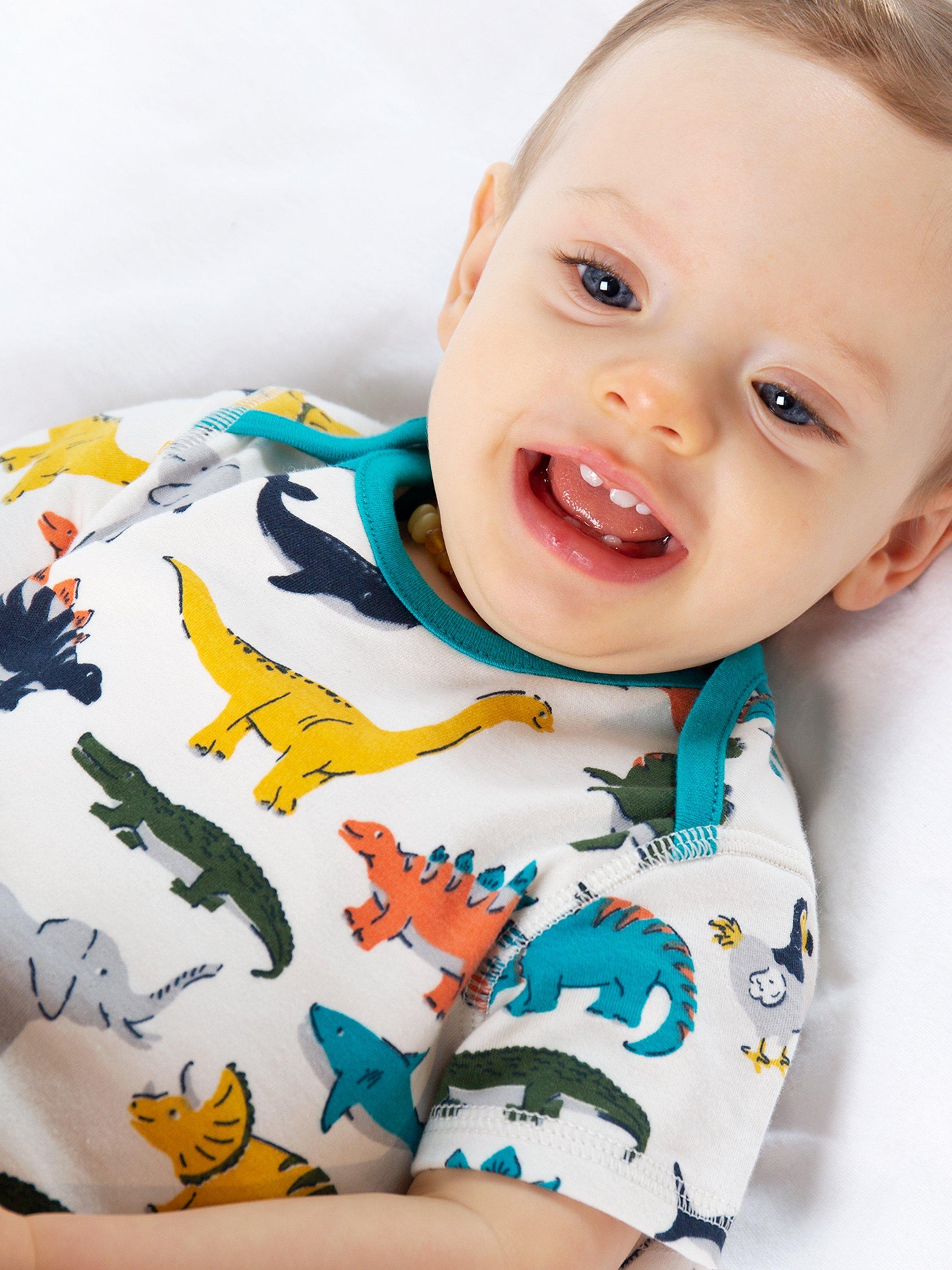 Frugi Baby Organic Cotton Dinosaur/Stripe Bodysuits, Pack of 3, White/Green/Yellow